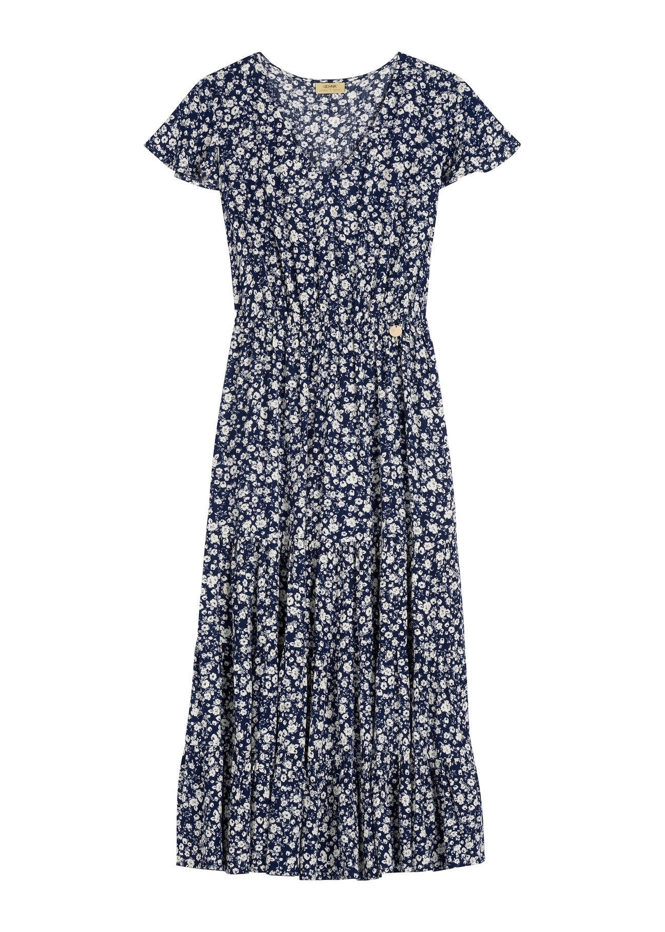 Blue floral midi dress SUKDT-0267-7P(W26), front product view on white background.