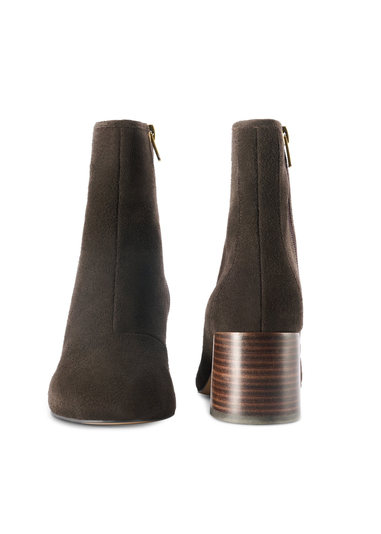 Brown suede high heel ankle boots BUTYD-1218-89(Z25), front and back product view on white background.
