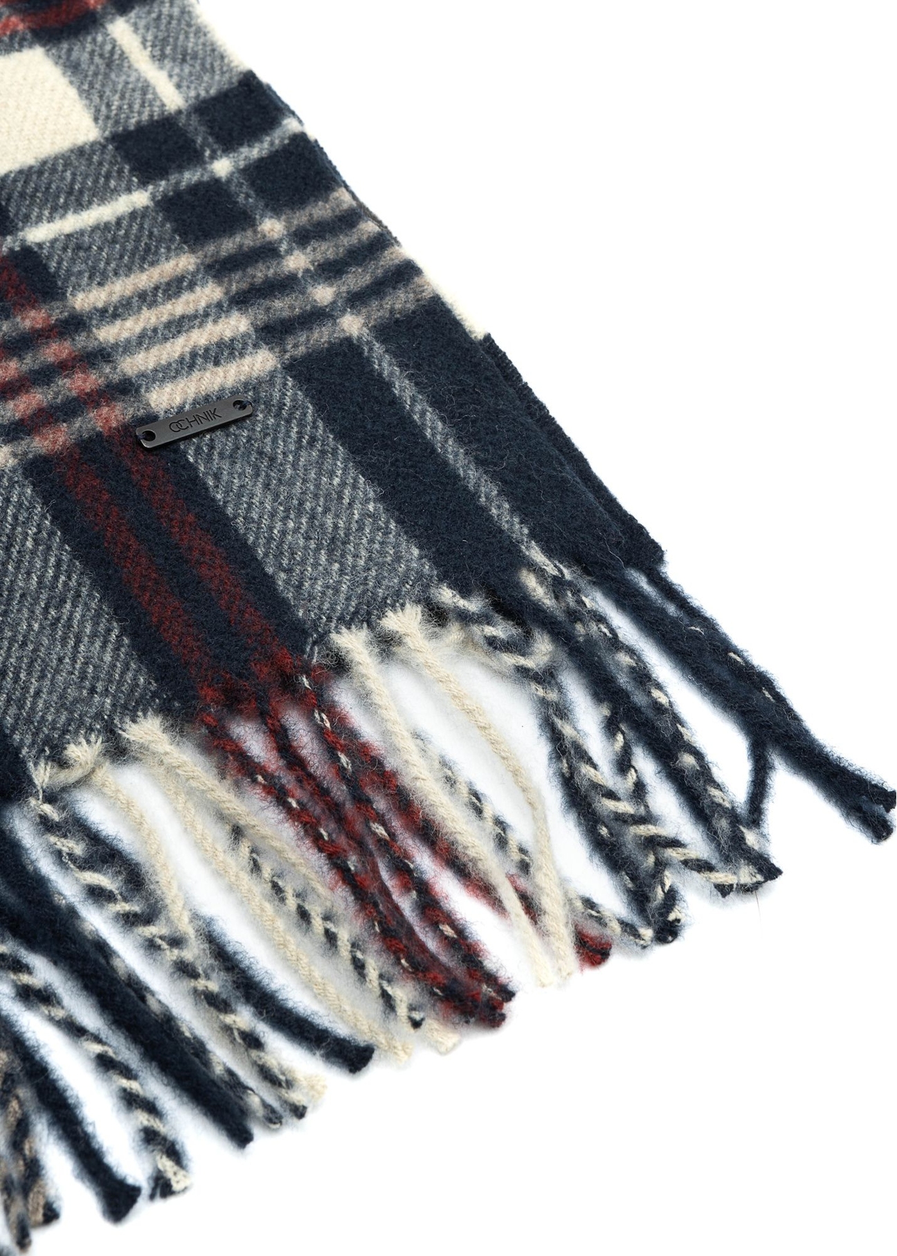 Navy blue men's checkered scarf with wool SZAMT-0085-7I(Z26), close-up of the product detail on a white background.