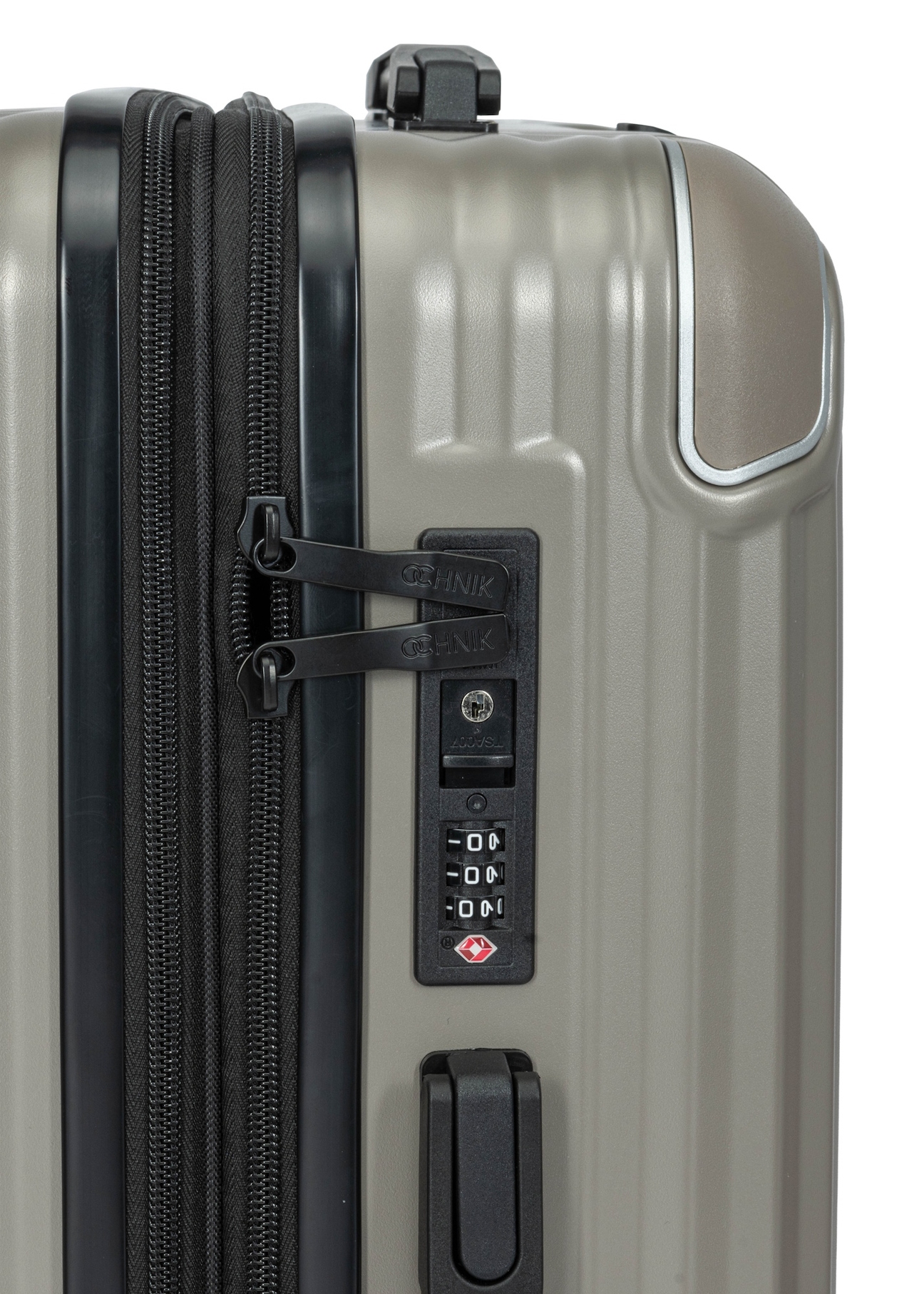 Small suitcase on wheels WALAB-0073-2X-19(W26), view of the product lock on a white background.