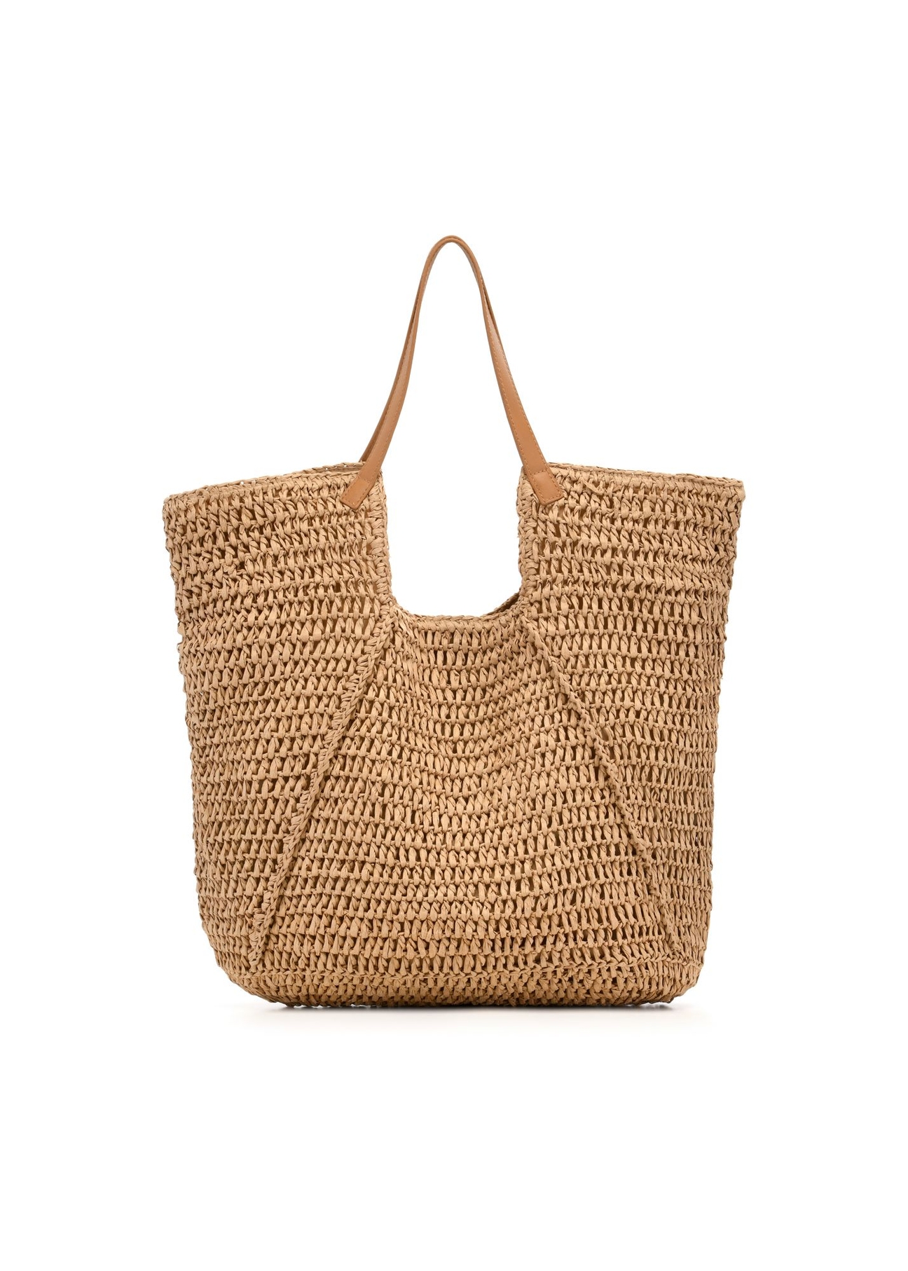 Beige straw shopper bag TOREC-1223-1E(W26) - product view from the back, on a white background.