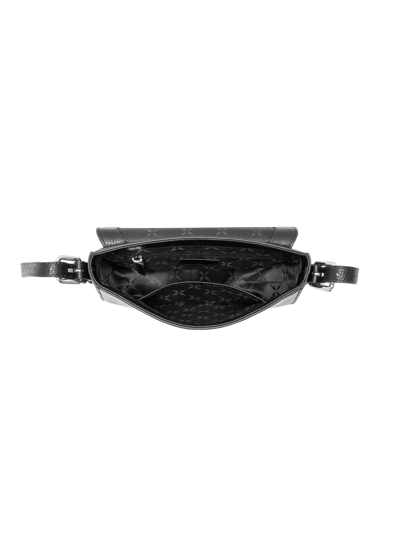 Black leather women's messenger bag TORES-0985D-99(Z25), view of the inside of the product on a white background.