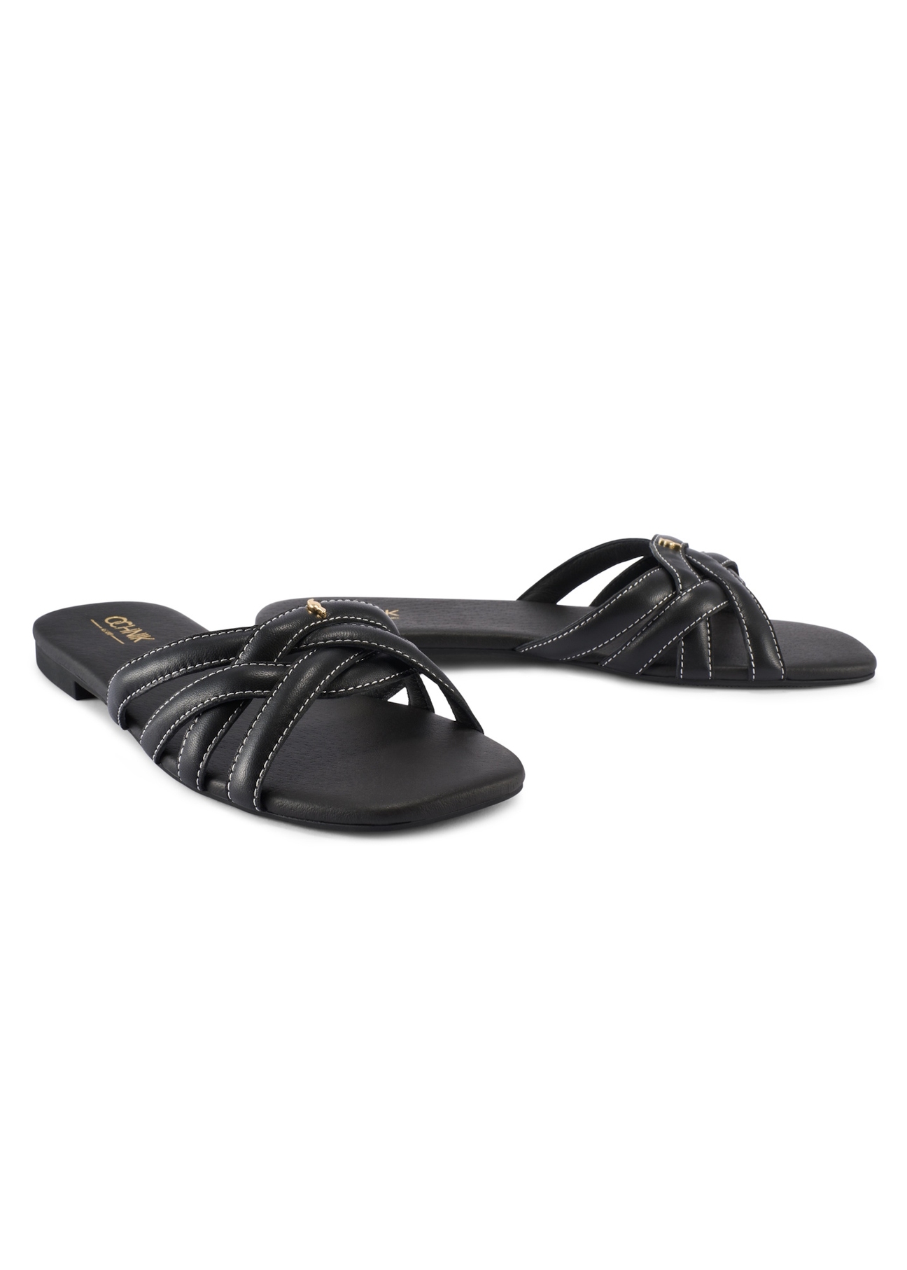 Women's black leather slides with braid BUTYD-1222-99(W26), diagonal product view on a white background.