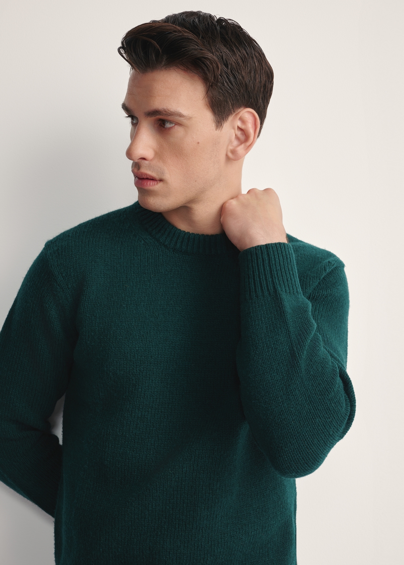 Dark green men's sweater SWEMT-0172-54(Z25), close-up of the product on the model.