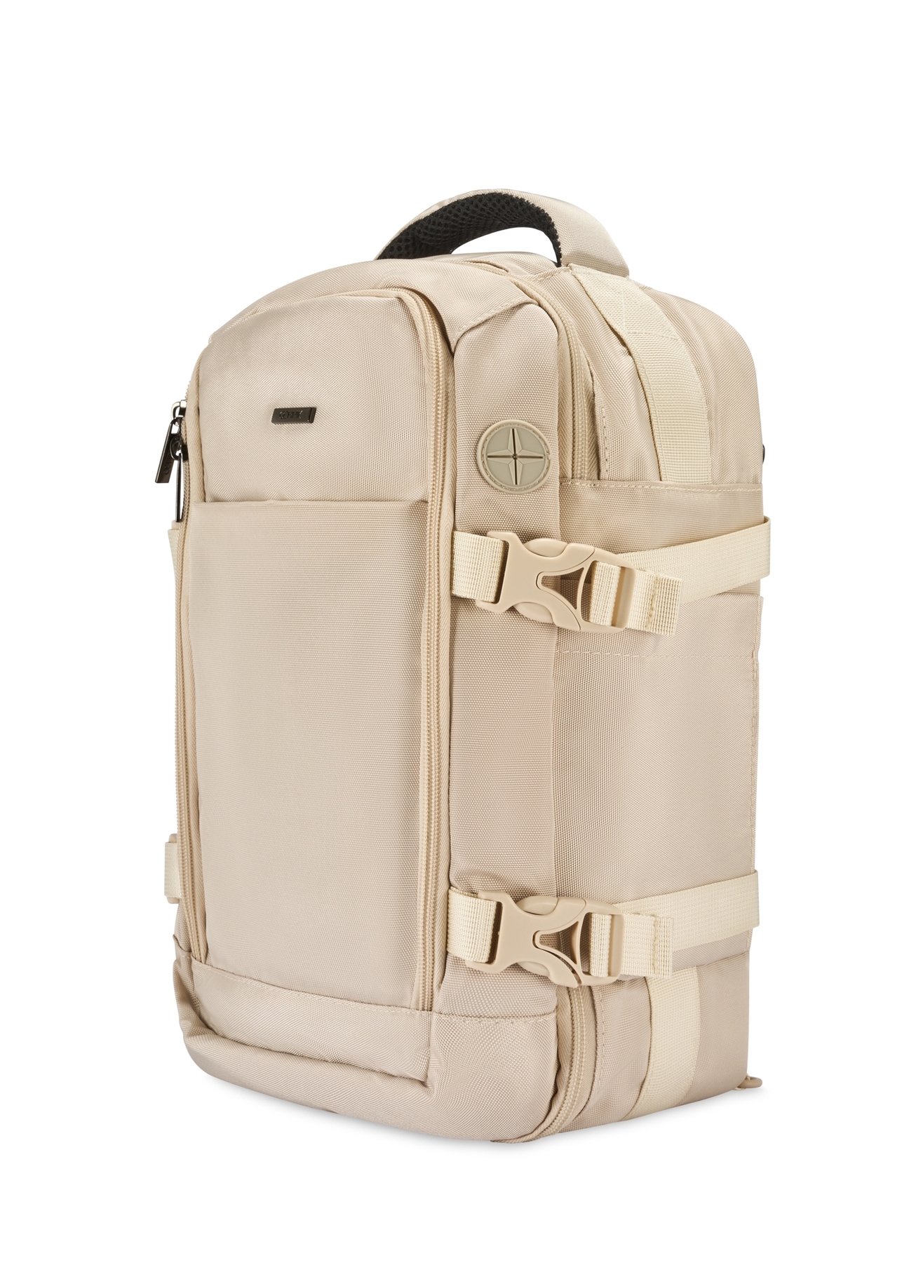 Beige airplane backpack PLCMN-0017-16(Z25), diagonal product view on white background.