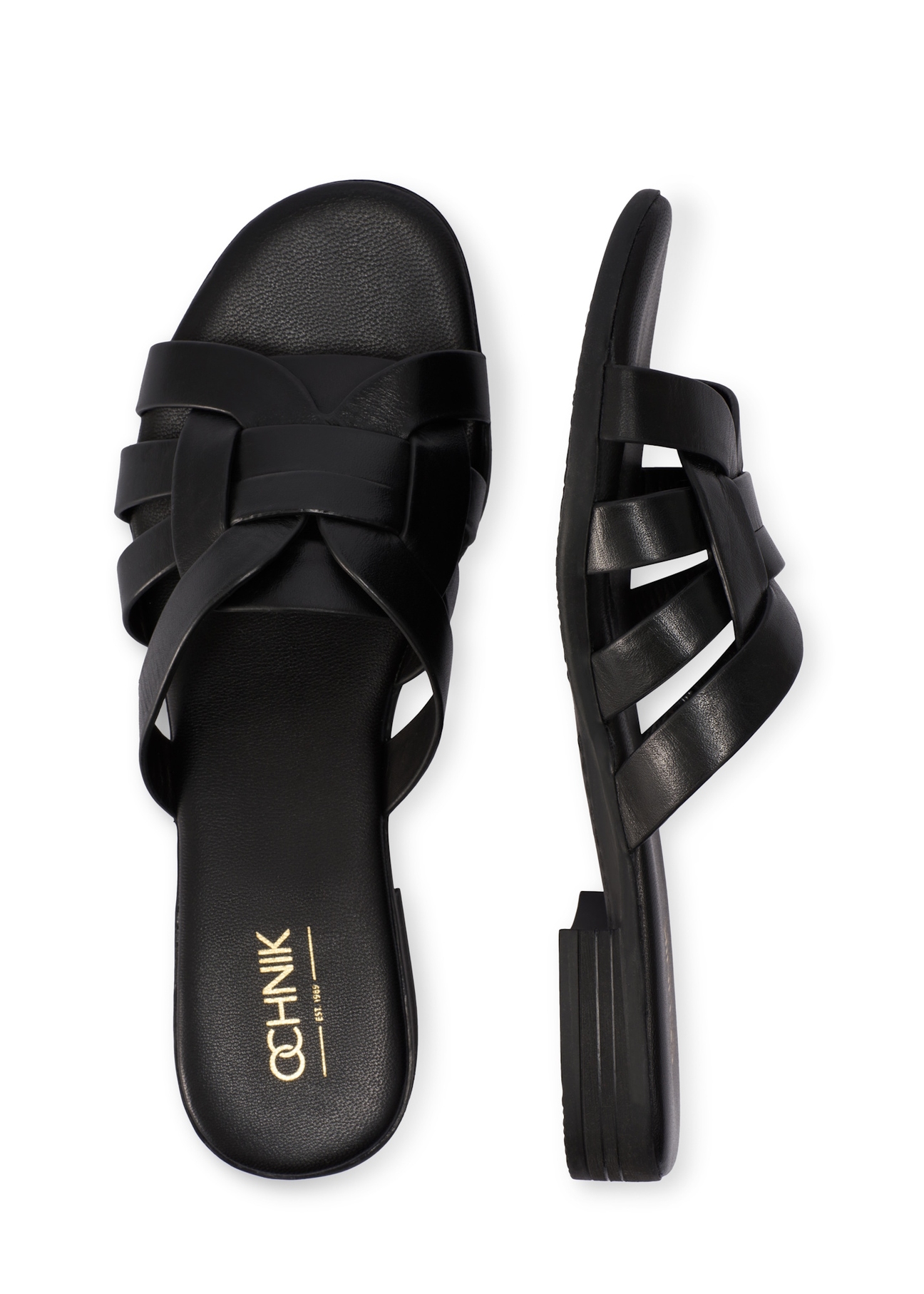 Women's leather flip-flops in black BUTYD-1266-99(W26), product view from above on a white background.