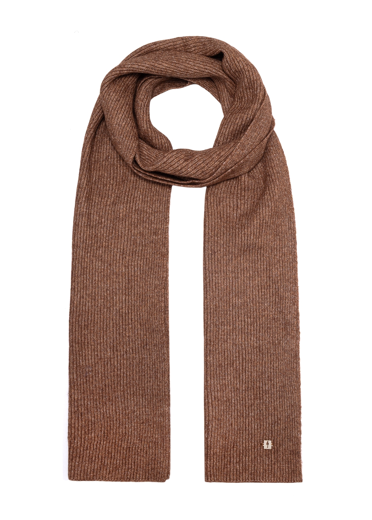 Brown women's scarf with a wool blend SZADT-0202-89(Z25), view of the rolled-up product on a white background.