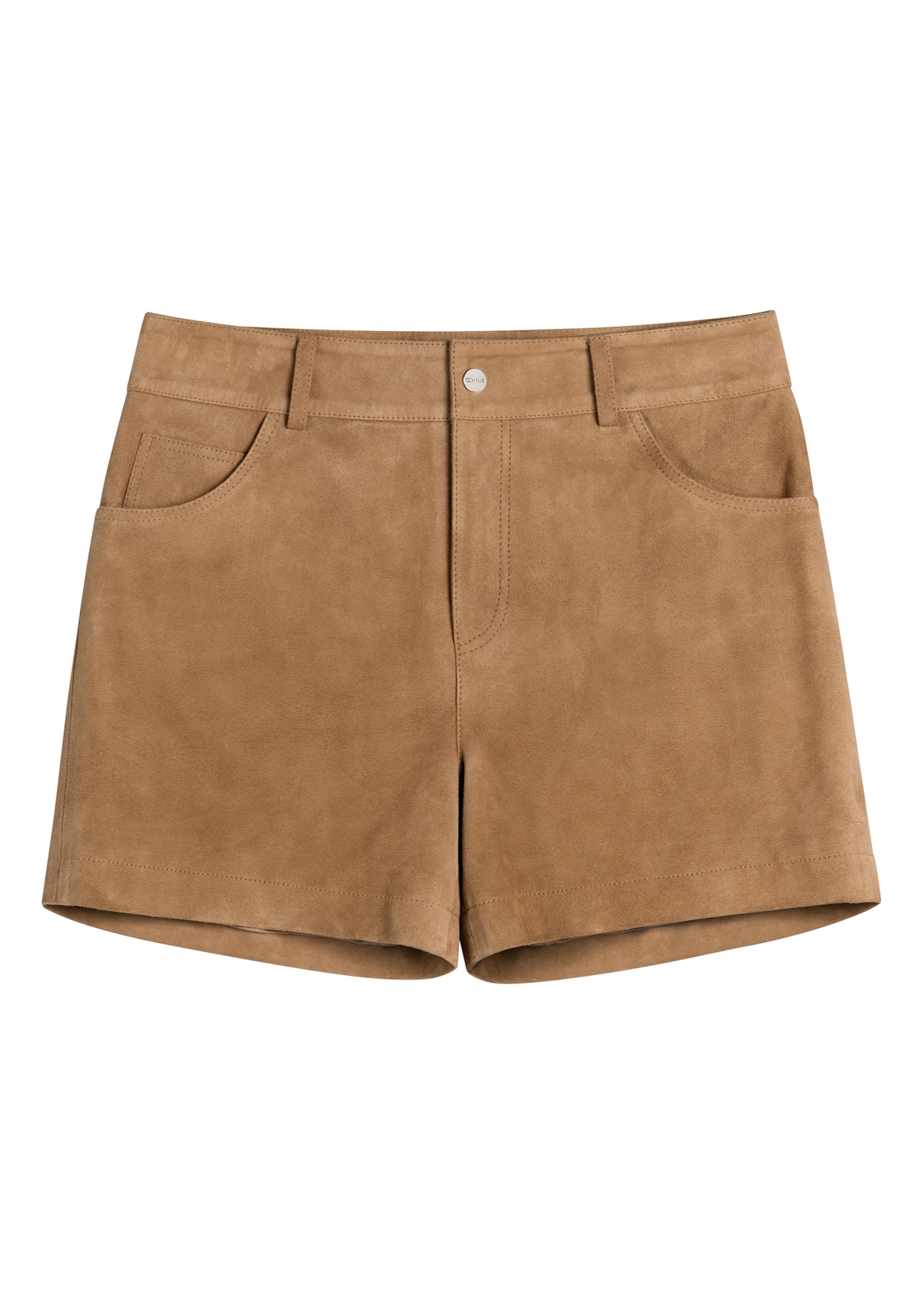 Beige women's leather shorts SPODS-0035-1B(W26) - front product view, on white background.
