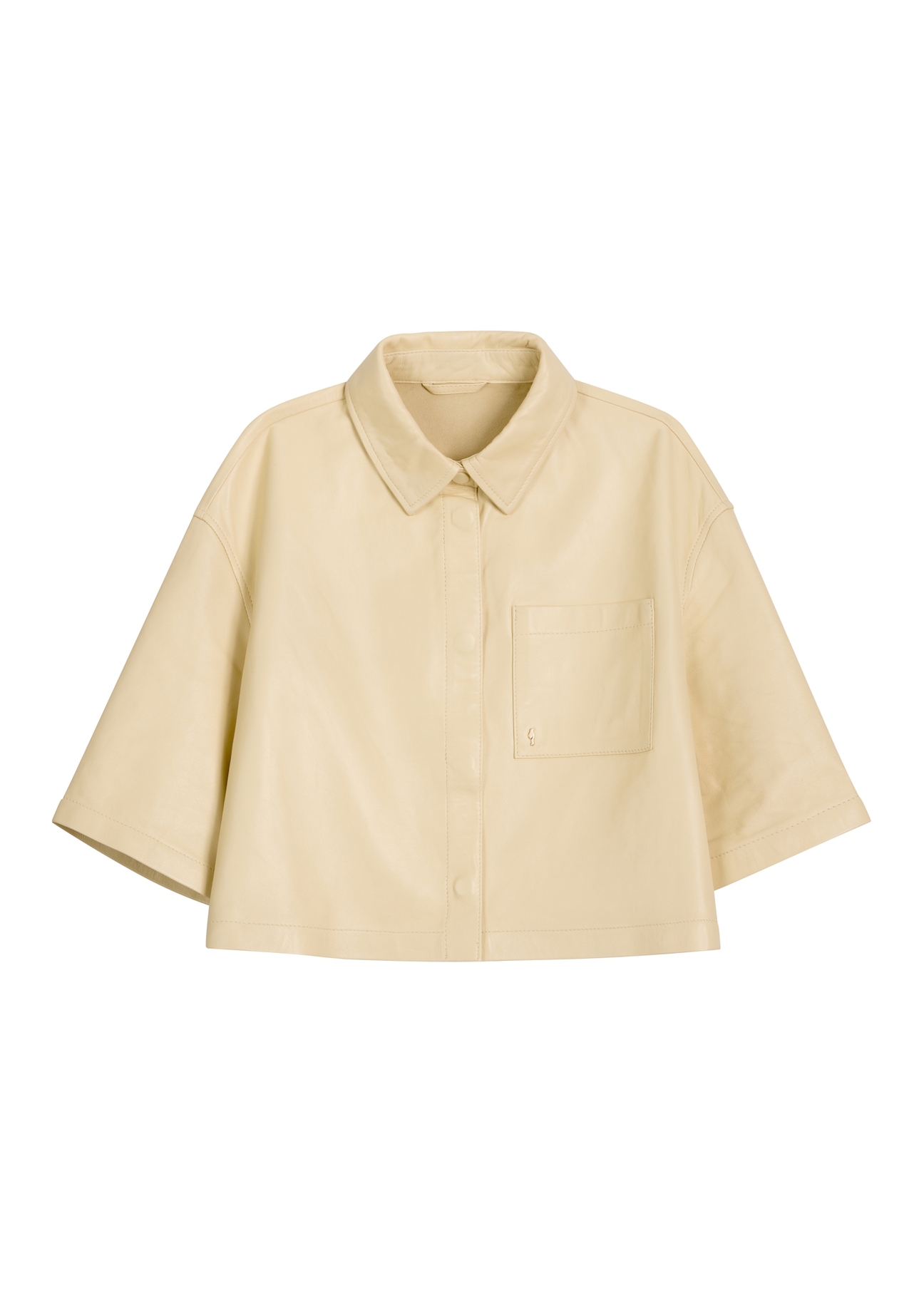 Short light yellow women's leather shirt KOSDS-0005-2A(W26), front product view on white background.