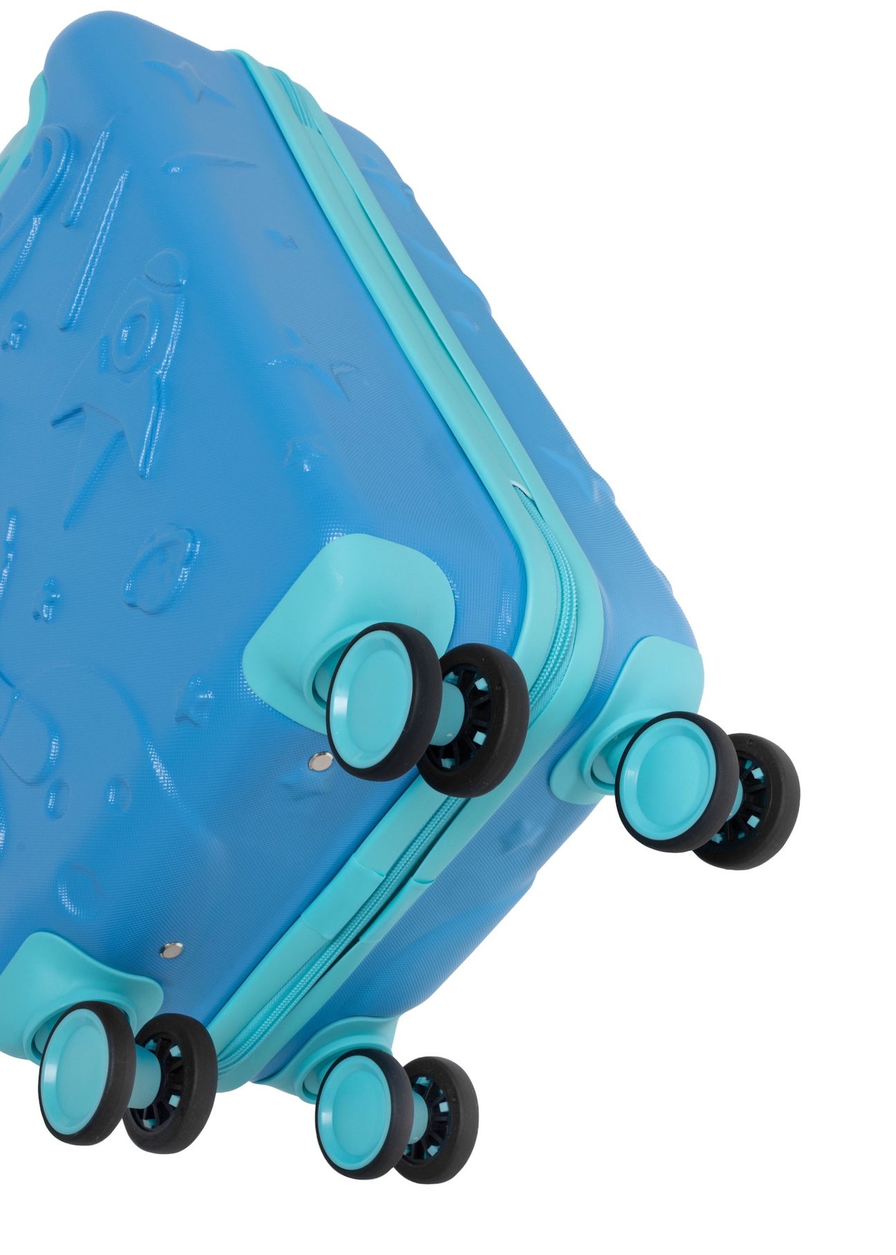 Small blue suitcase on wheels WALAB-0087-7B-18(W26), view of the product wheels on a white background.