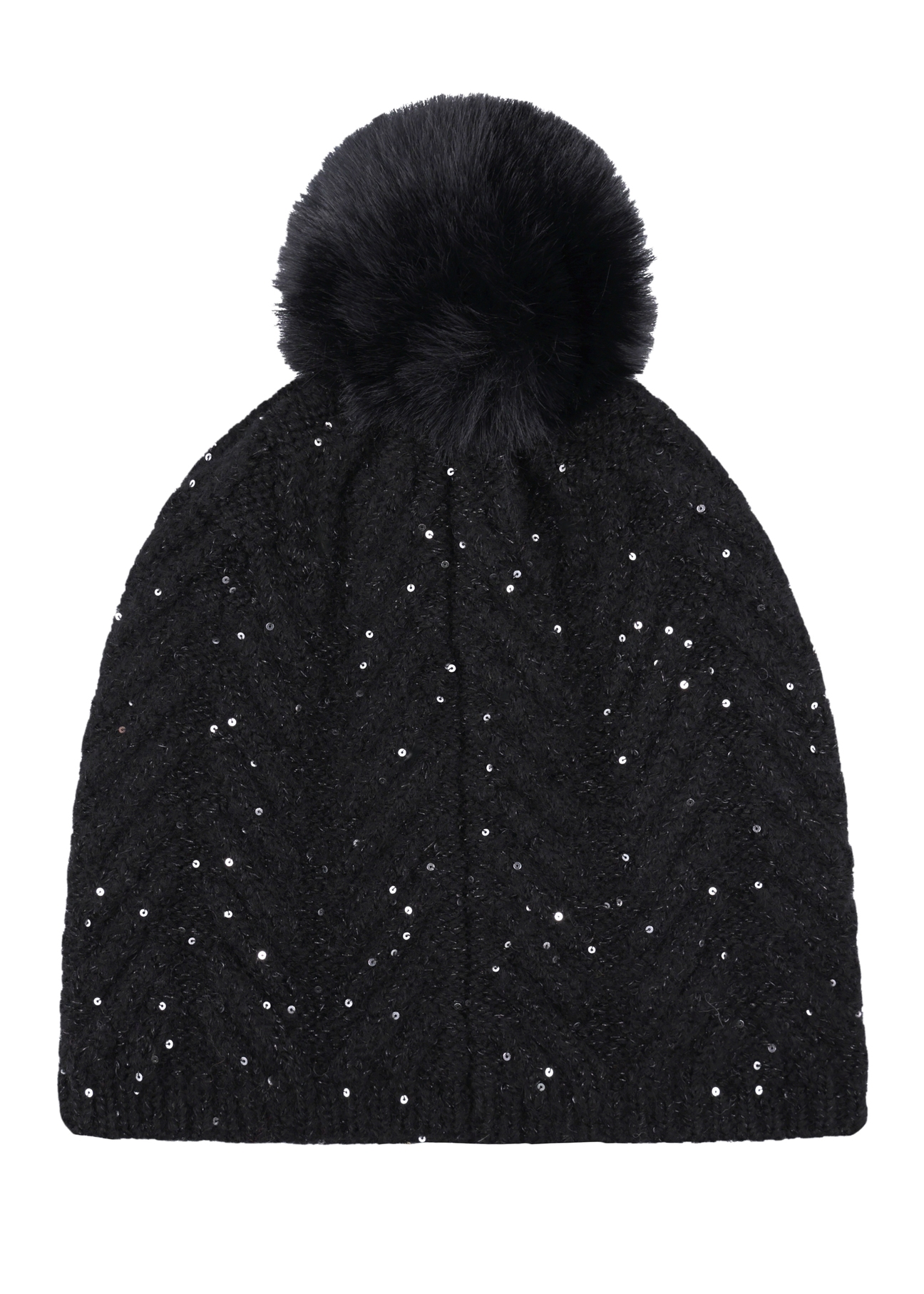 Black women's hat with pompom and sequins CZADT-0220-99(Z26), back view of the product on a white background.