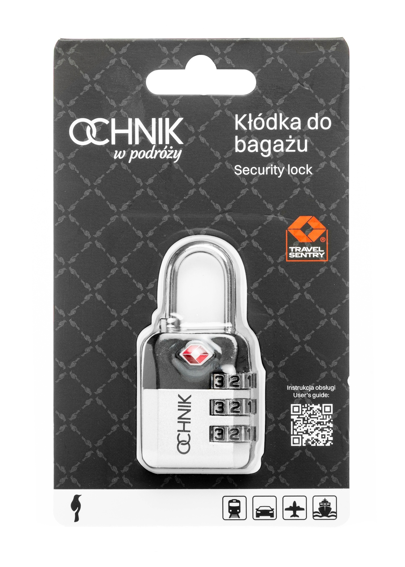 Silver TSA combination padlock AW-015-0004-9X(W26), product view with packaging on white background.