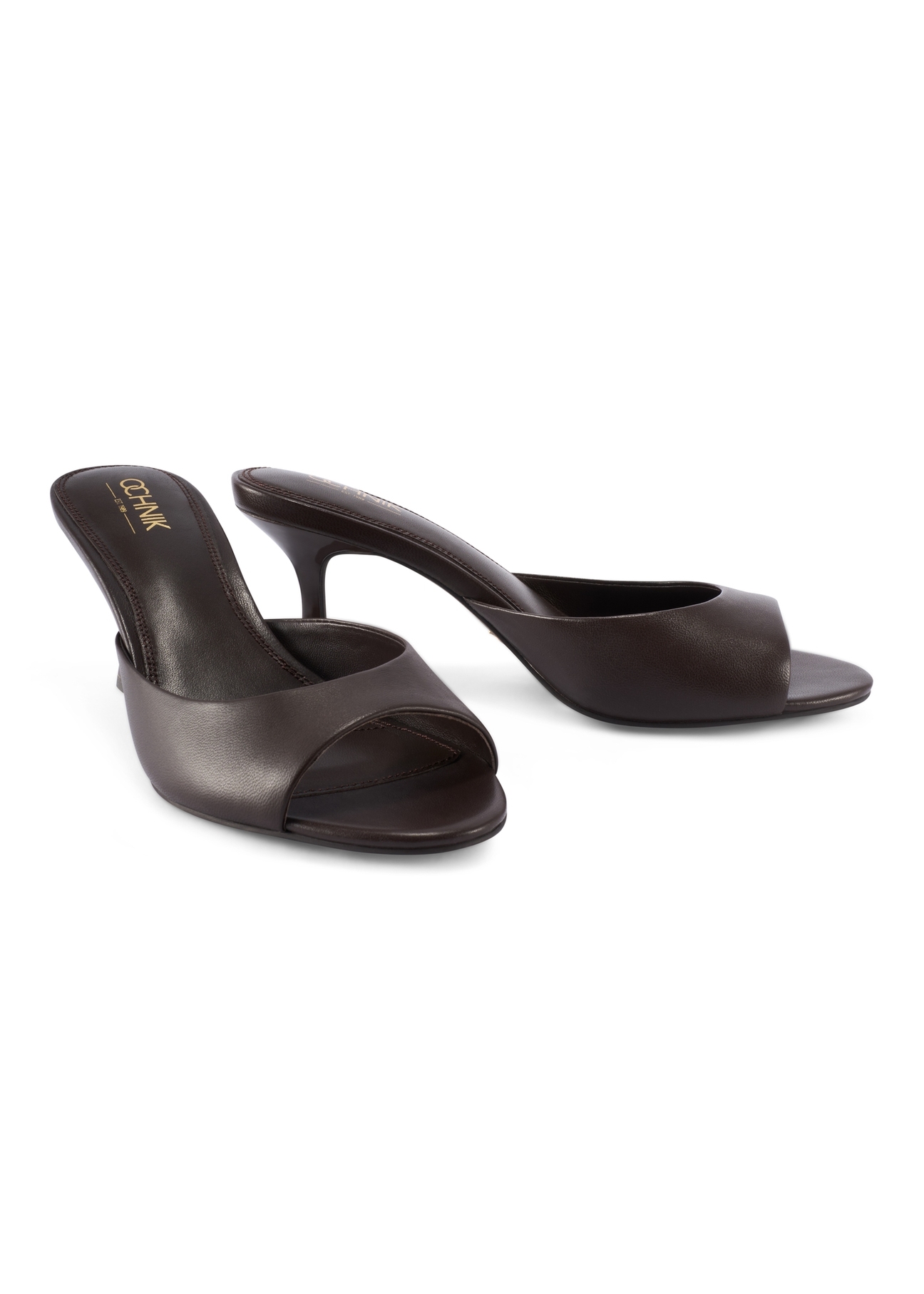 Dark brown leather women's mules BUTYD-1272-1I(W26), diagonal product view on white background.