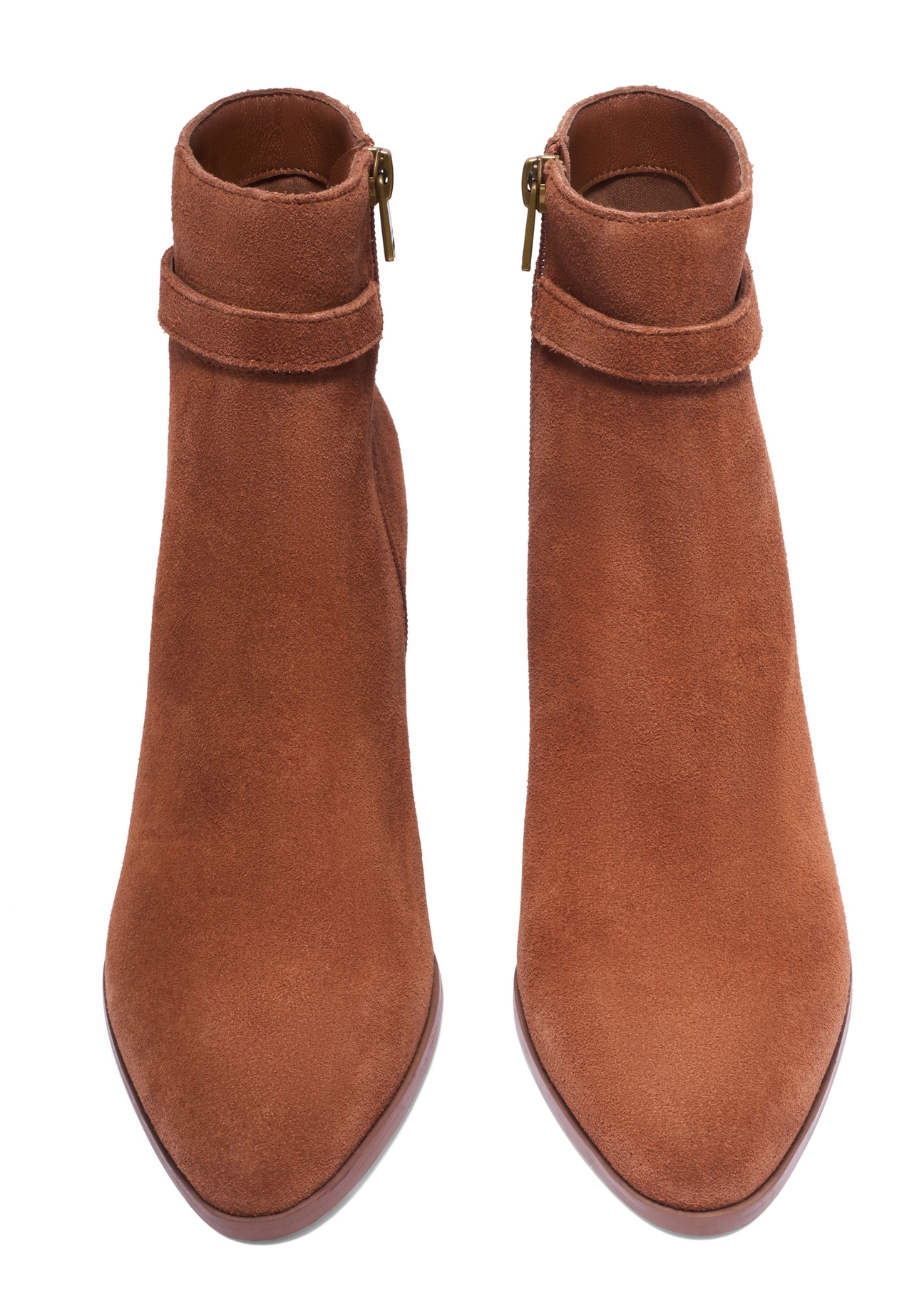 Cognac suede women's ankle boots with logo BUTYD-1214-1F(Z26), front product view on white background.