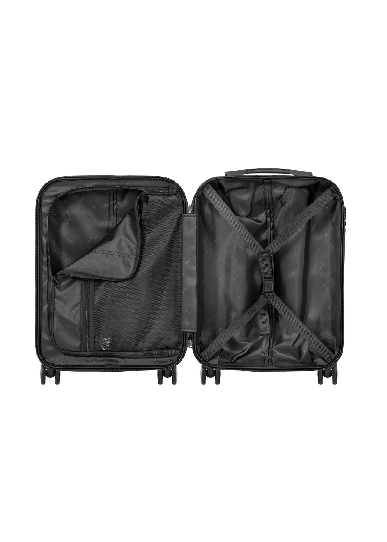 Small suitcase on wheels WALPC-0012-5E-19(W26), product view inside on white background.