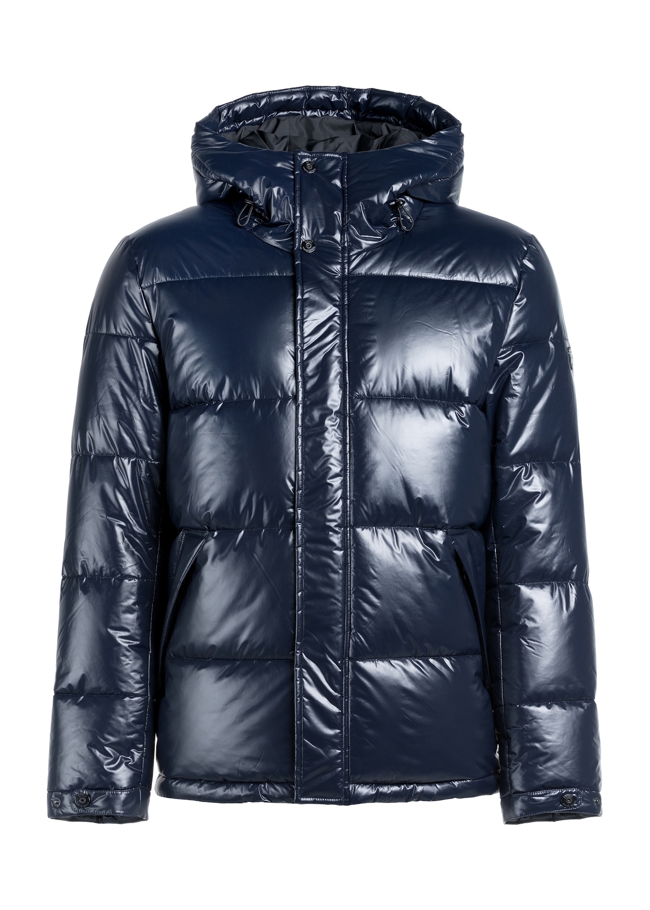 Navy blue men's quilted jacket with hood KURMT-0340-69(Z25), front product view on white background.