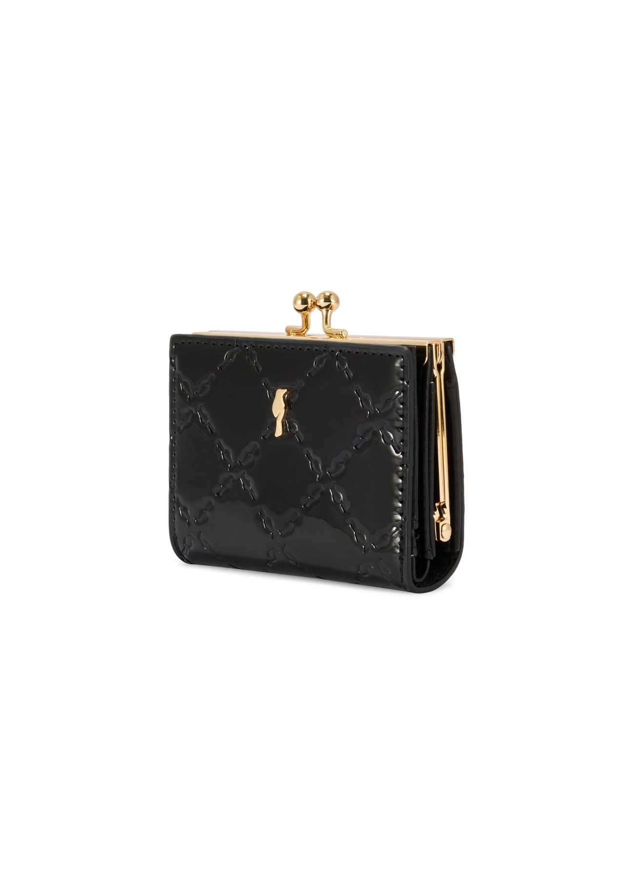 Small black women's wallet with monogram POREC-0422-98(Z25), diagonal product view on white background.