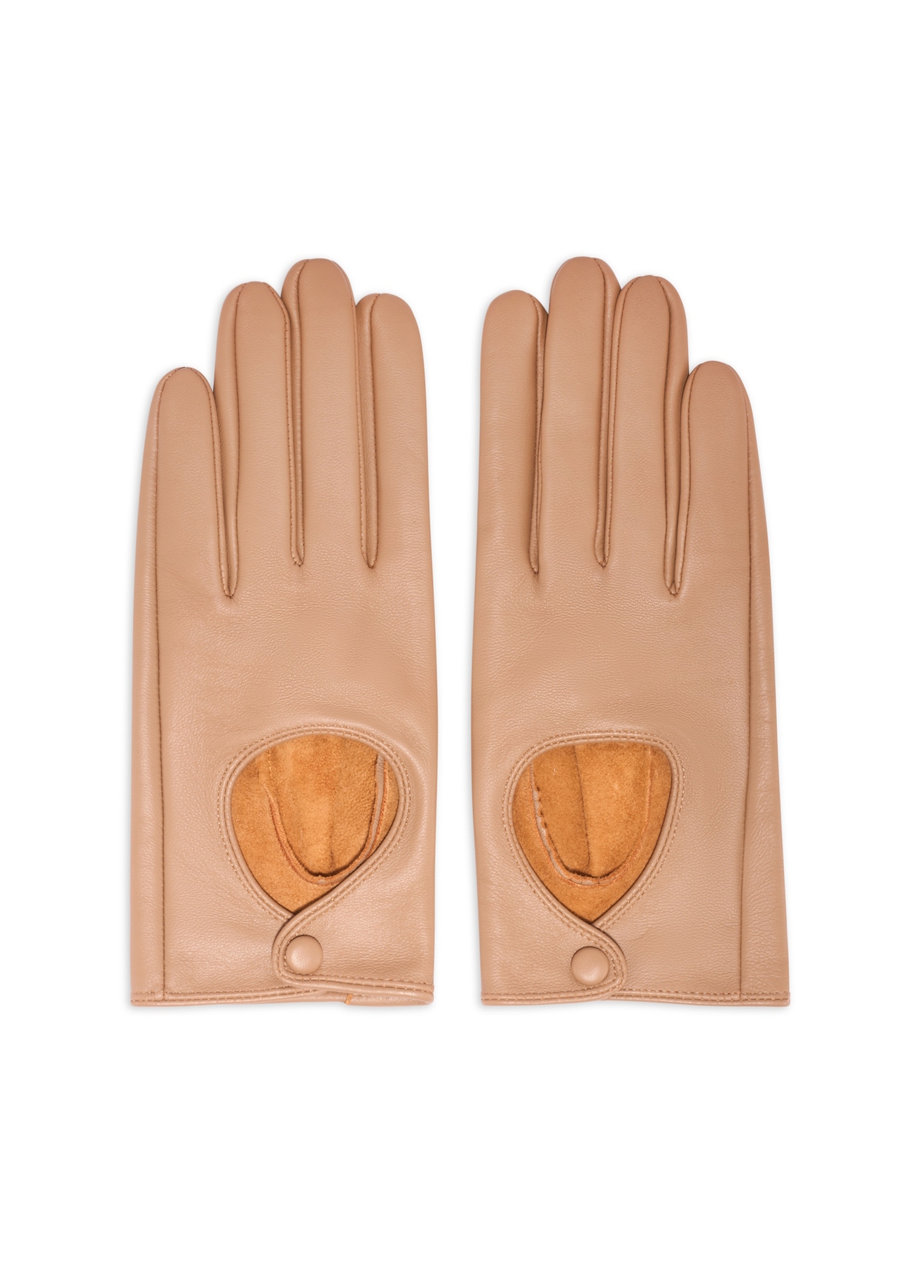 Beige women's leather gloves REKDS-0113-1B(Z26), front product view on white background.