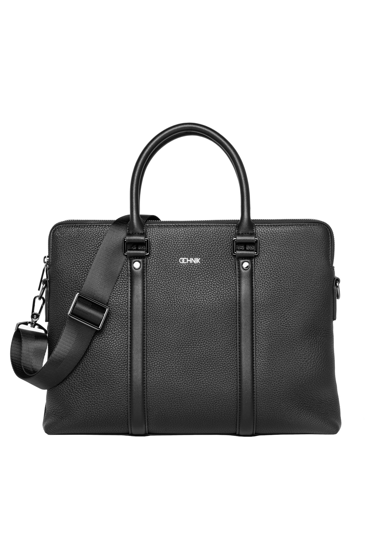 Black leather men's briefcase TORMS-0536-9I(Z26), front product view on white background.