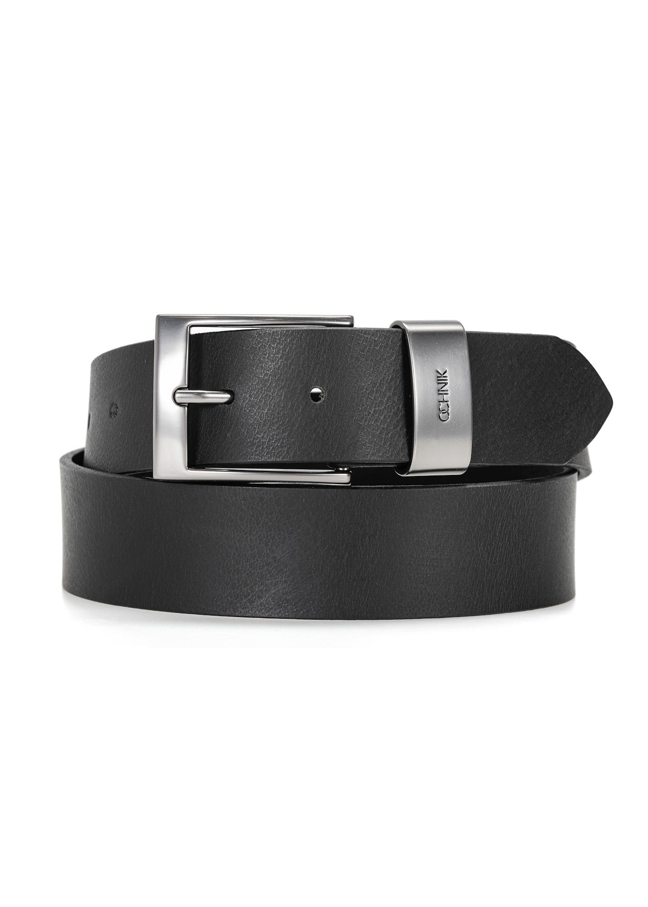 Men's black leather belt PASMS-0163-9P(W26), front product view on white background.