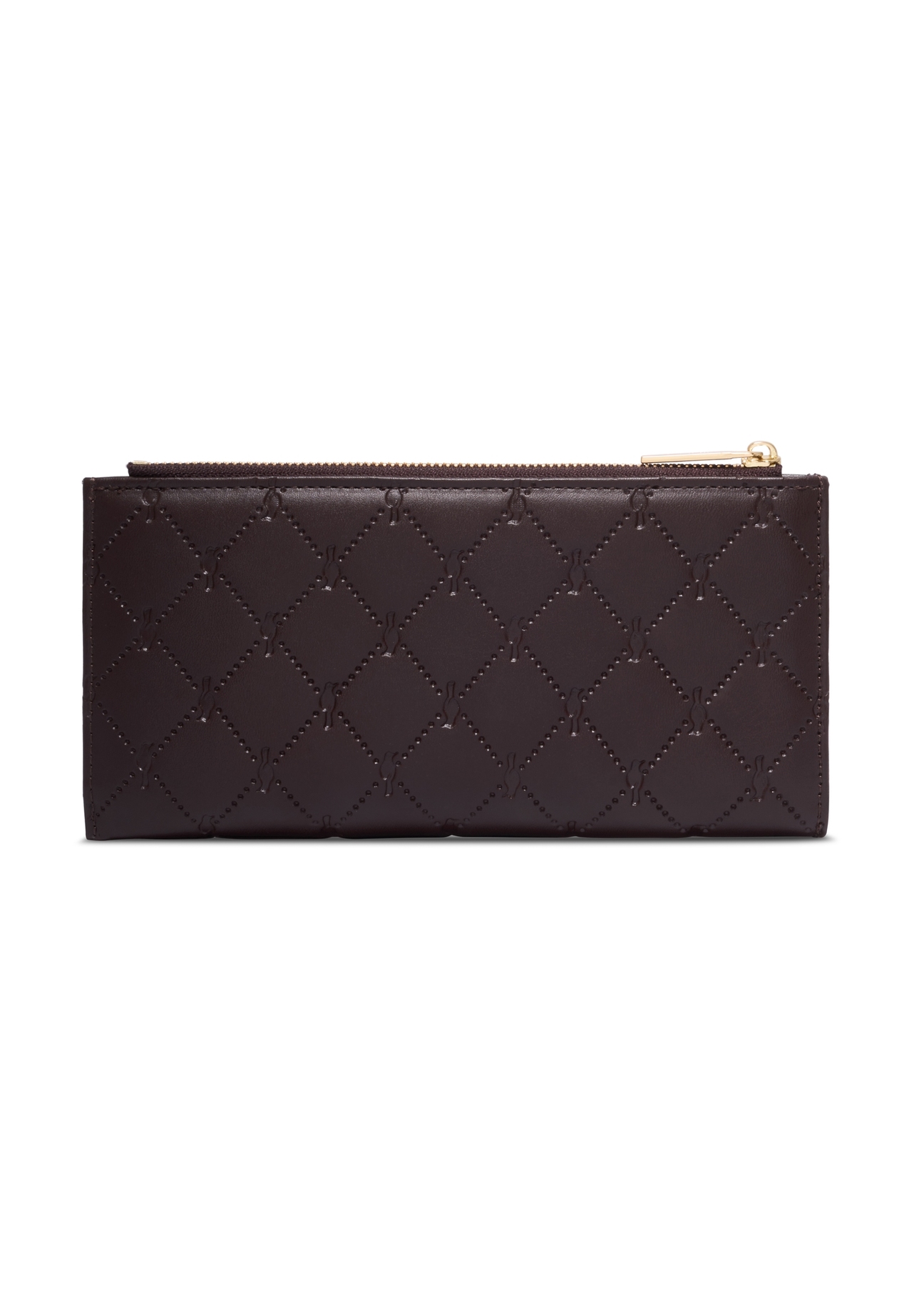 Large brown women's wallet with monogram POREC-0347A-1I(Z26), back view of the product on a white background.
