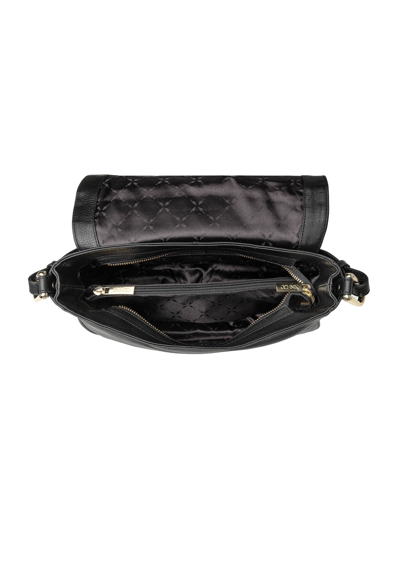 Women's black leather messenger bag TORES-1253-99(W26), product view inside on white background.