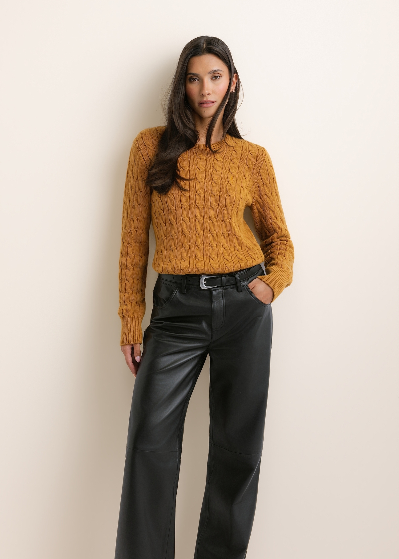 Mustard-colored women's cotton sweater SWEDT-0269-2D(Z26), front view on a model. Half-body shot.