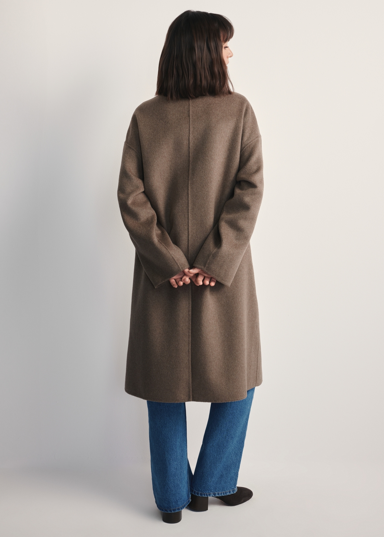 Women's dark beige coat with scarf PLADT-0063-82(Z25) - back view of the product on a model against a white background. Full body visible.