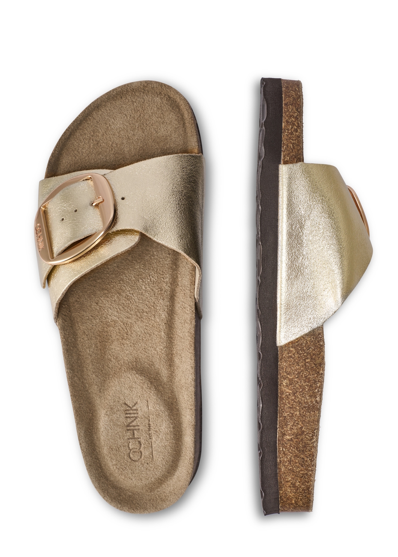 Women's gold leather flip-flops BUTYD-1157-2X(W26), top view of the product on a white background.