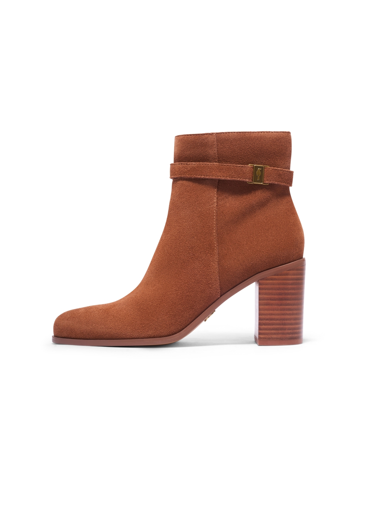 Cognac suede women's ankle boots with logo BUTYD-1214-1F(Z26), side view of the product on a white background.