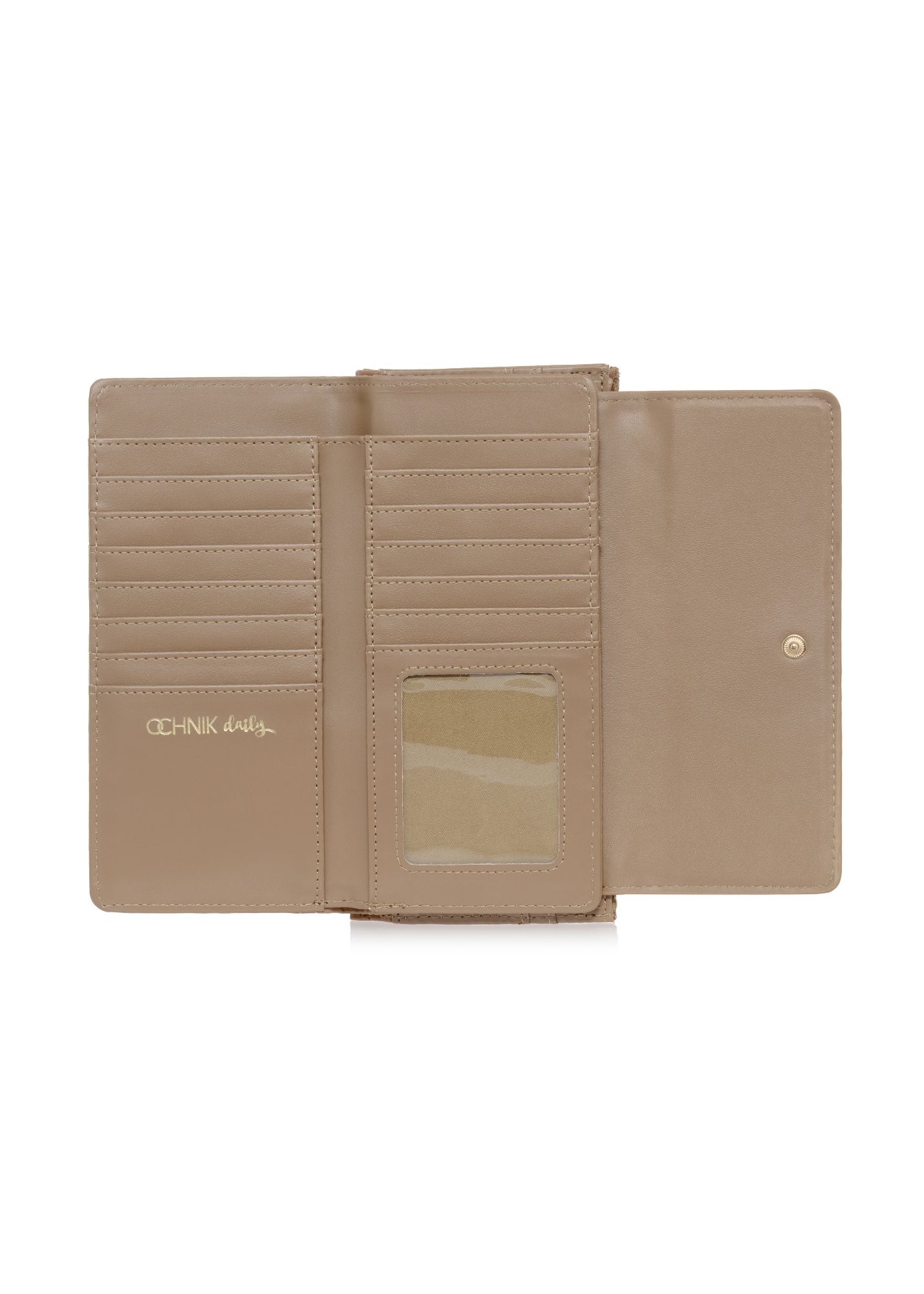 Large beige women's wallet with monogram POREC-0347A-81(Z25) - top view of the product on a white background.