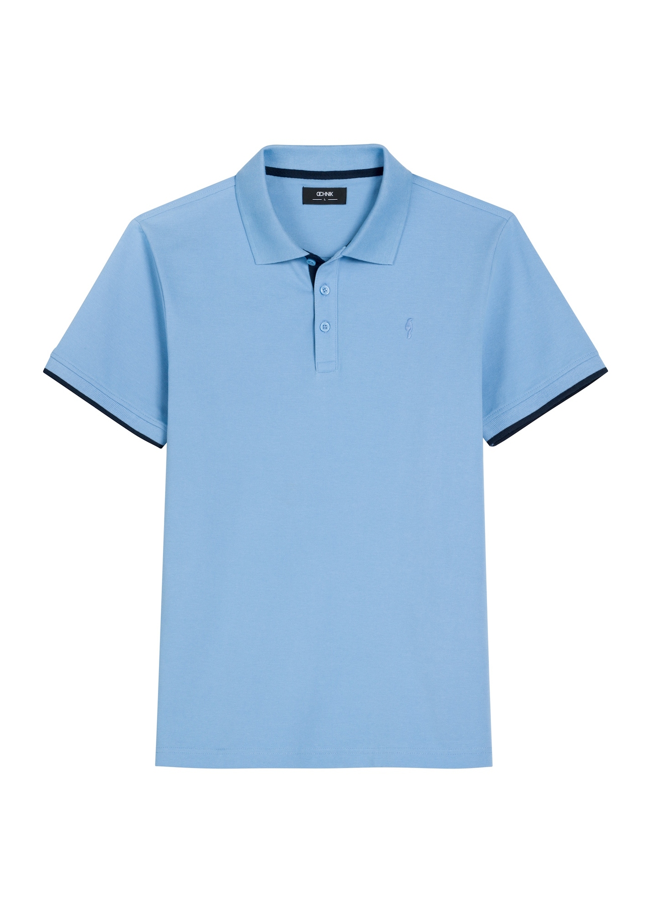 Blue cotton polo shirt POLMT-0045B-7B(W26), front product view on white background.