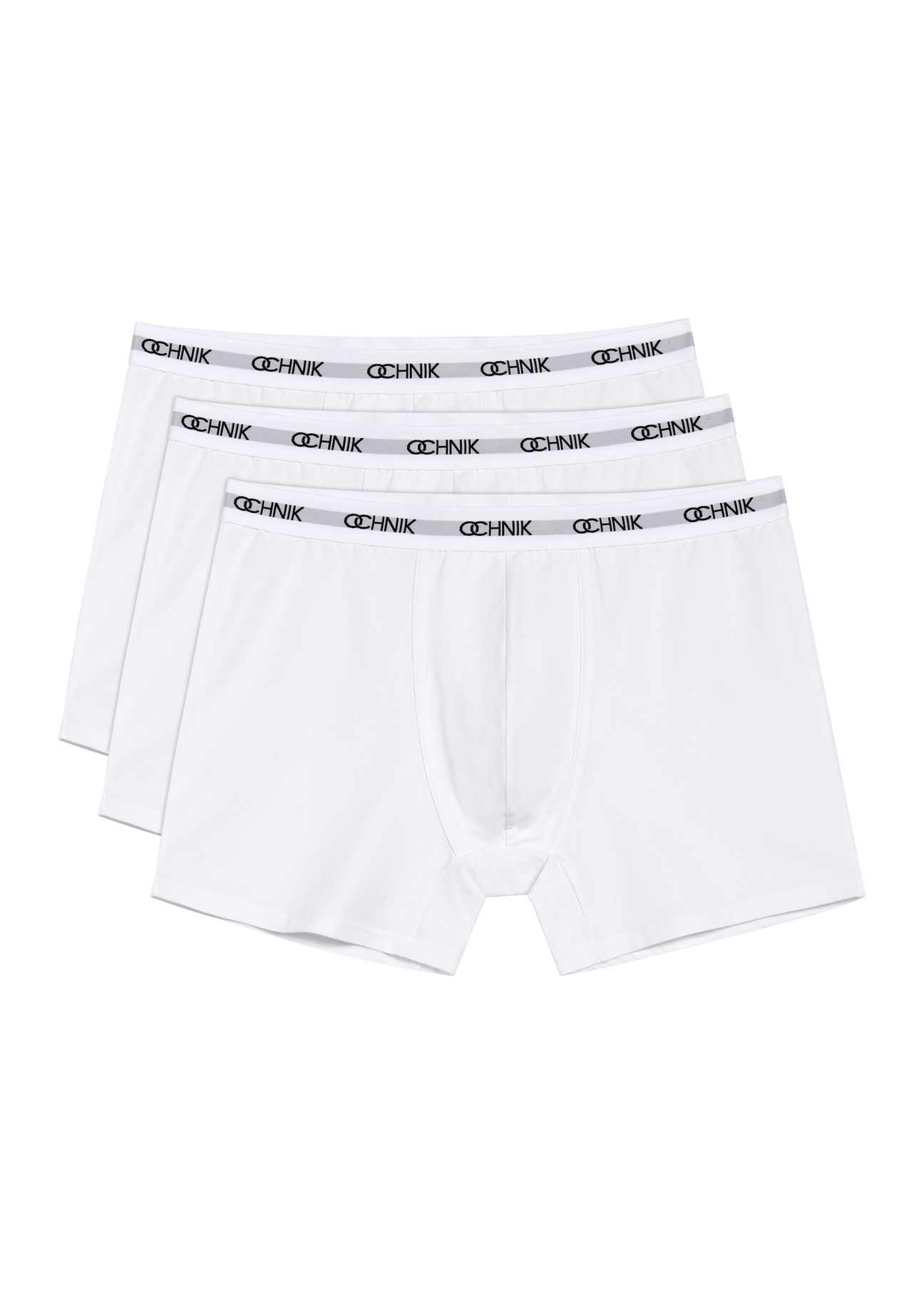 Three-pack of white men's boxer shorts ZESMB-0001A-0A(W26), front view of the product in a set on a white background.