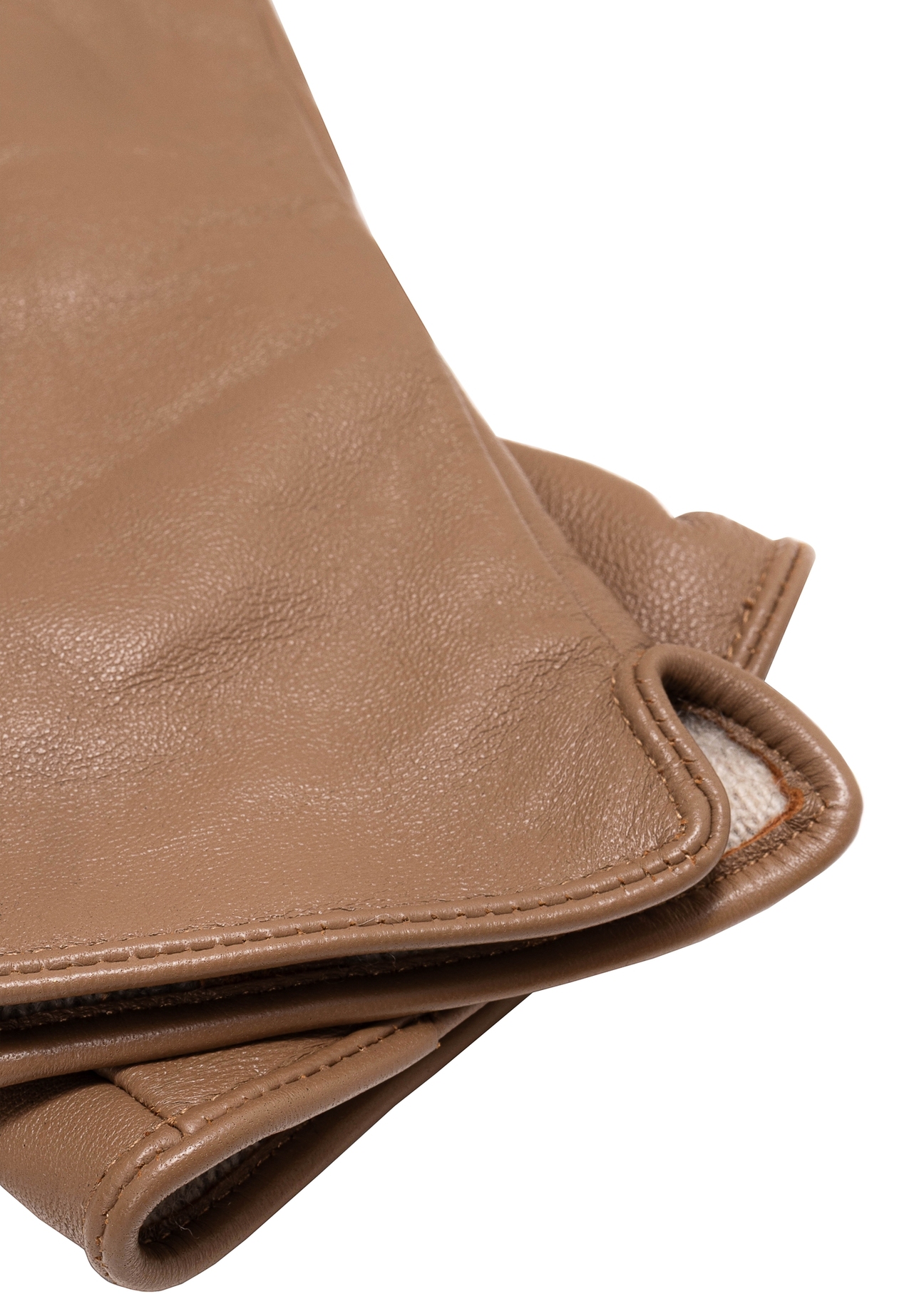 Long beige leather women's gloves REKDS-0082A-81(Z25), close-up of product detail, view on white background.