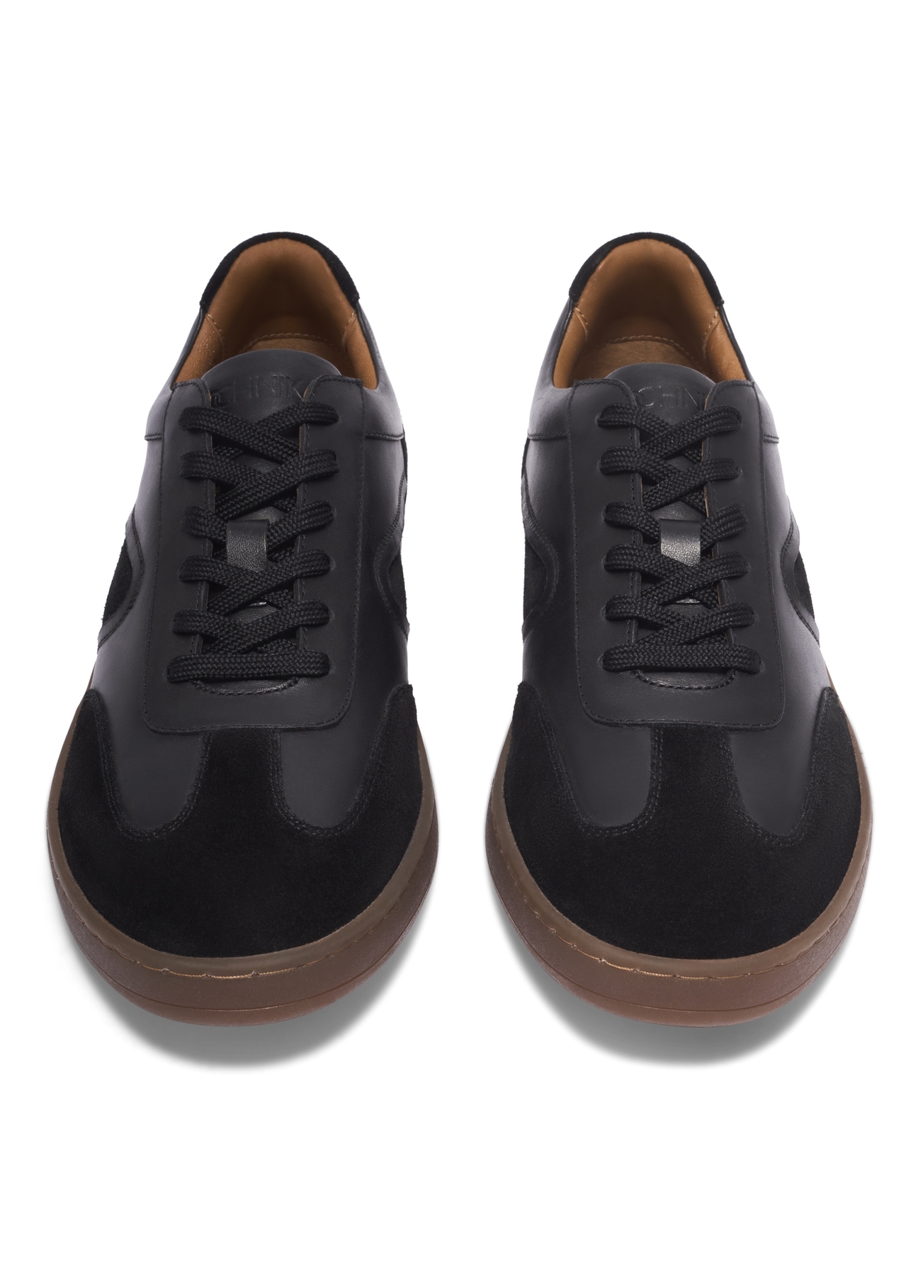 Black leather sports shoes BUTYM-0573-9J(Z26), front product view on white background.