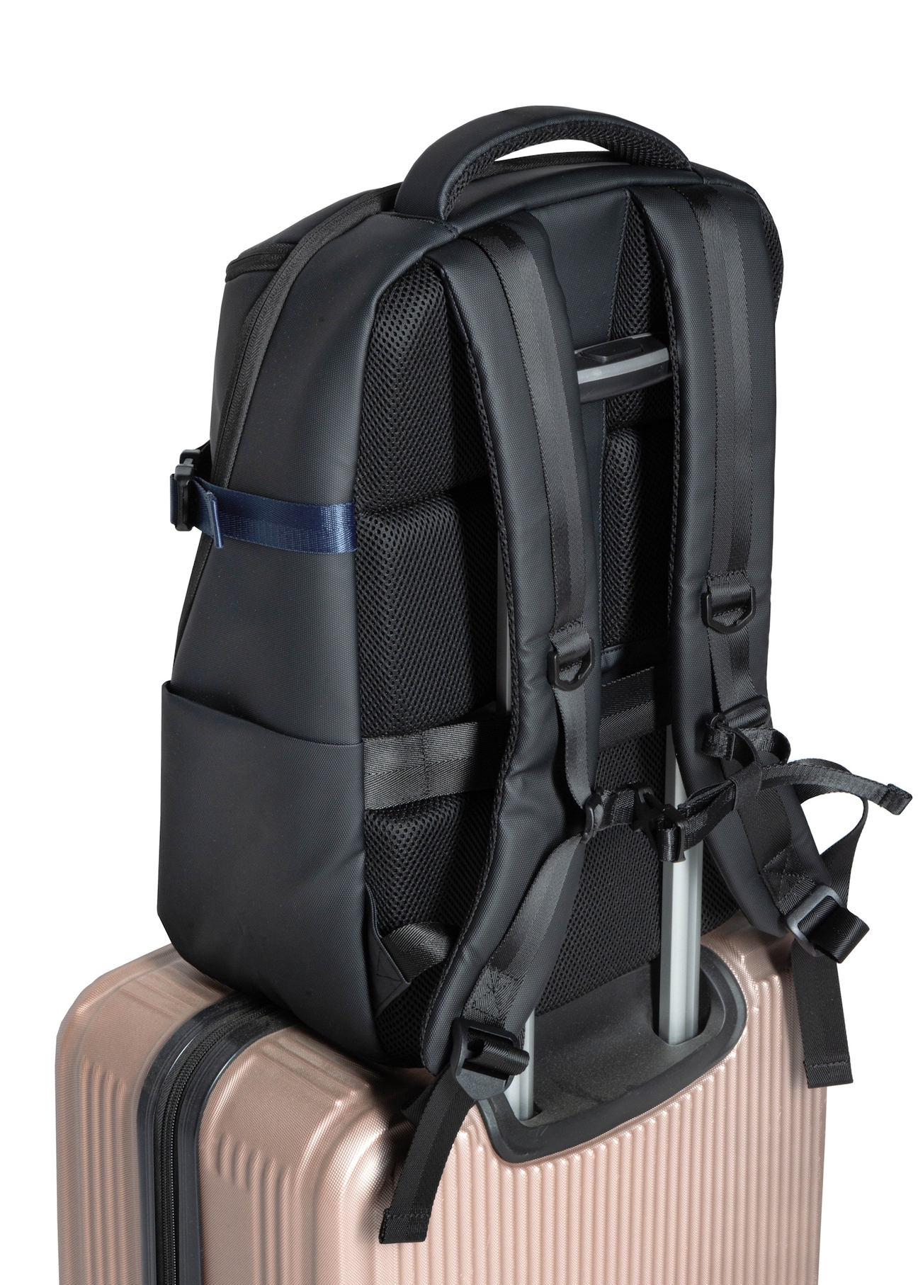 Black men's travel backpack TORMN-0392-9J(W26), product view on suitcase on white background.