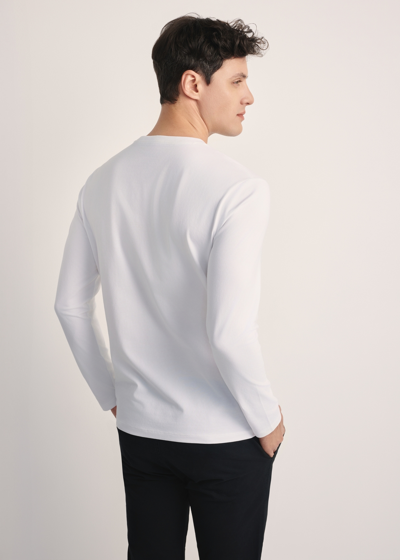 White men's long sleeve blouse LSLMT-0008-11(Z25), product view from the back on the model. Half of the silhouette visible.