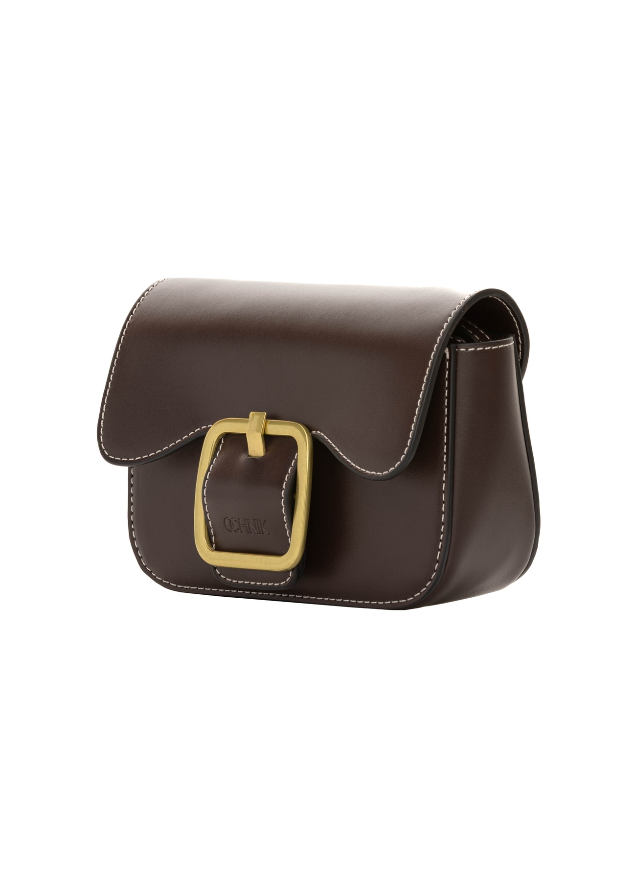 Small brown women's handbag with a buckle TOREC-1383-1H(Z26). Side view, diagonal, on a white background.