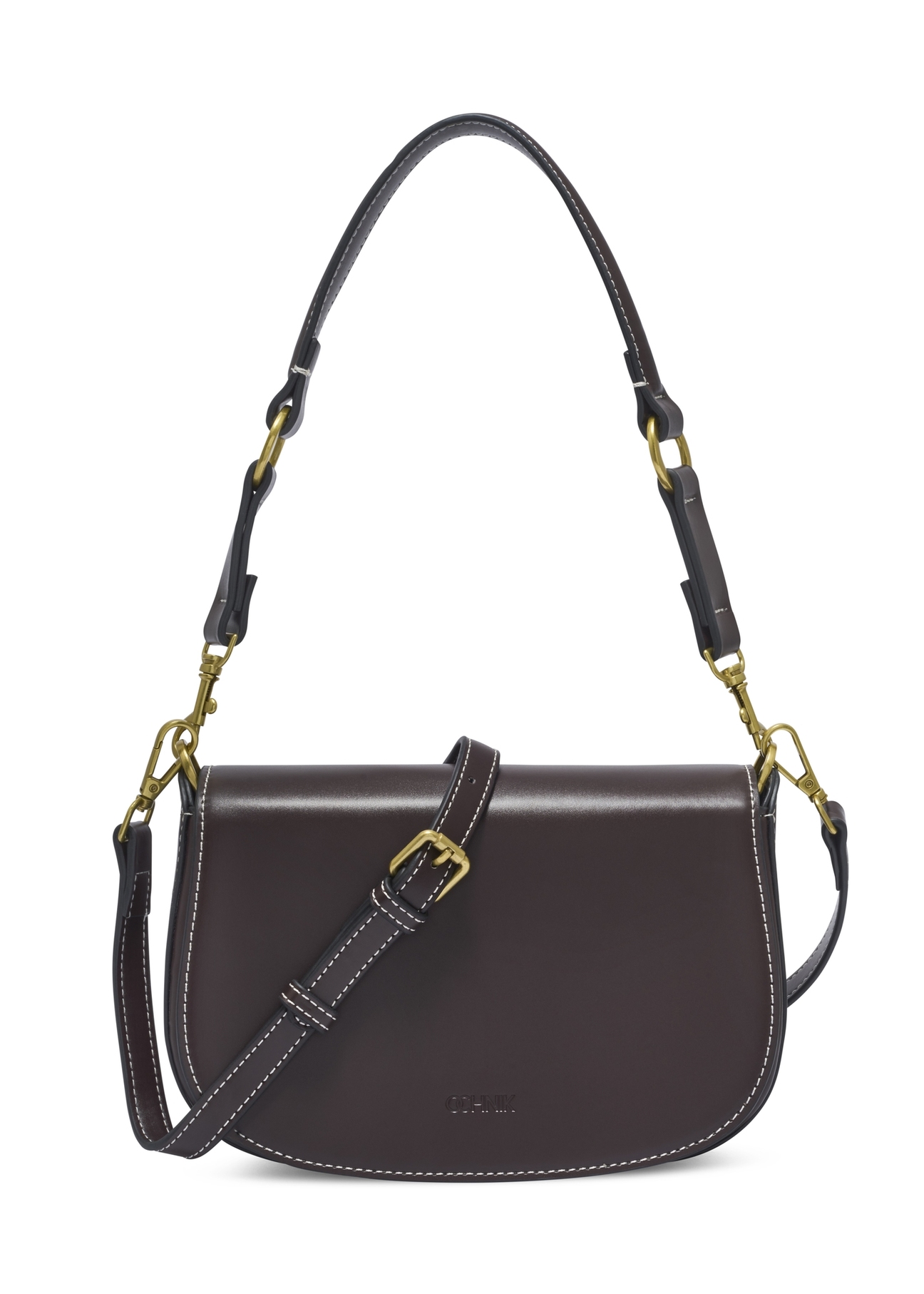 Brown women's handbag with stitching TOREC-1380-1H(Z26), front product view on white background.