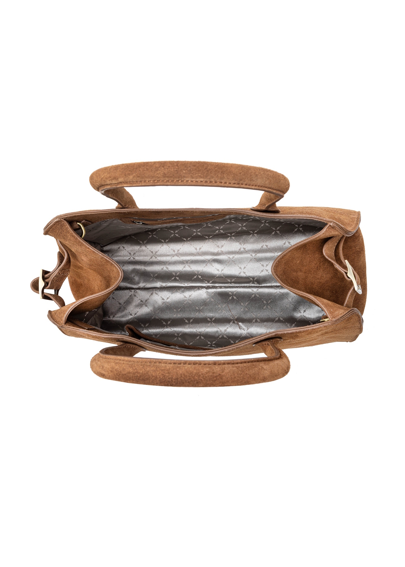Cognac-colored suede handbag TORES-1191-88(Z25), view of the inside of the product on a white background.
