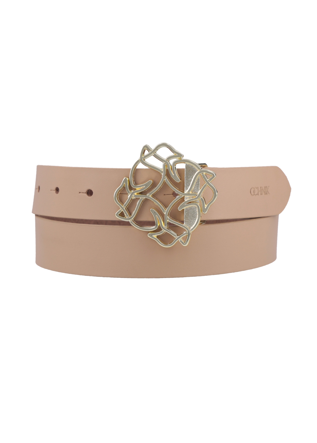 Beige leather women's belt with decorative buckle PASDS-0305-1A(Z26), front product view on white background.