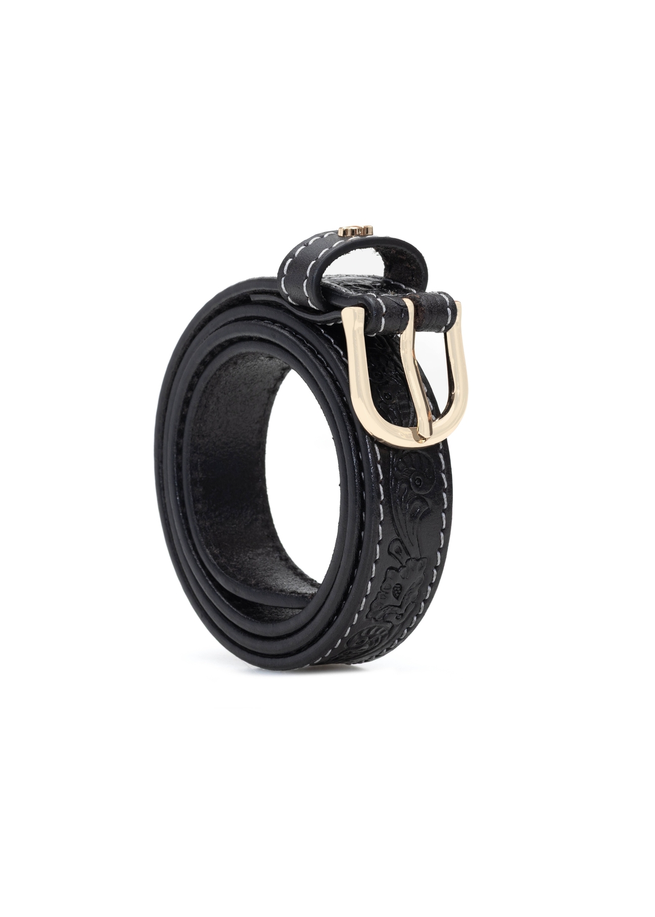 Black leather women's belt PASDS-0334-98(Z25), diagonal product view on white background.