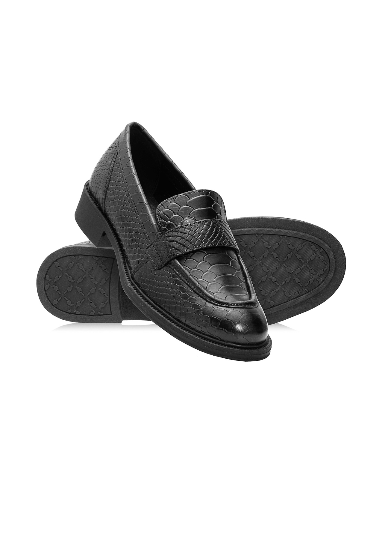 Black leather women's croco moccasins BUTYD-1198-99(Z25), side view of the product on a white background.
