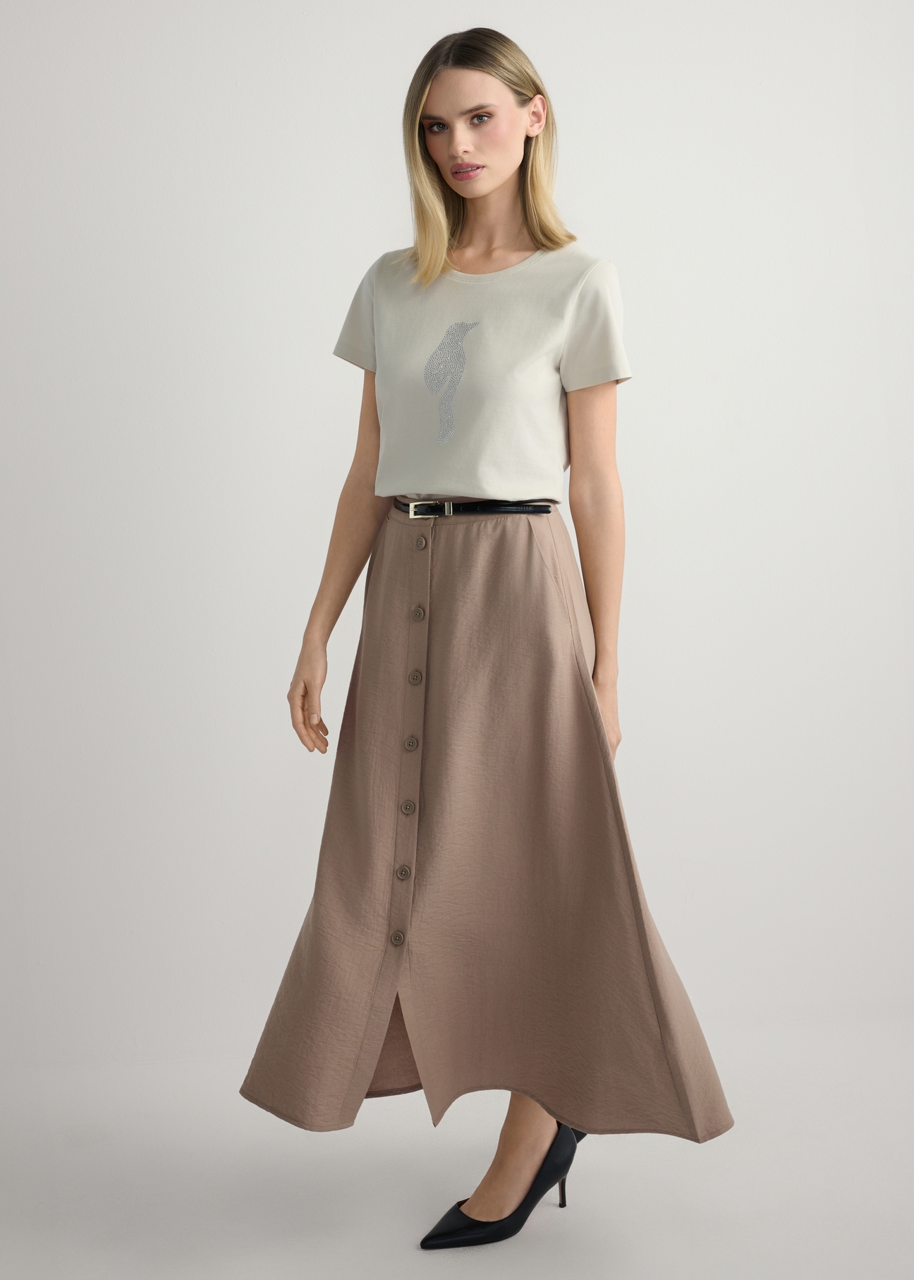 Beige viscose midi skirt SPCDT-0121-1D(W26), front view of the product on the model. Full silhouette visible.