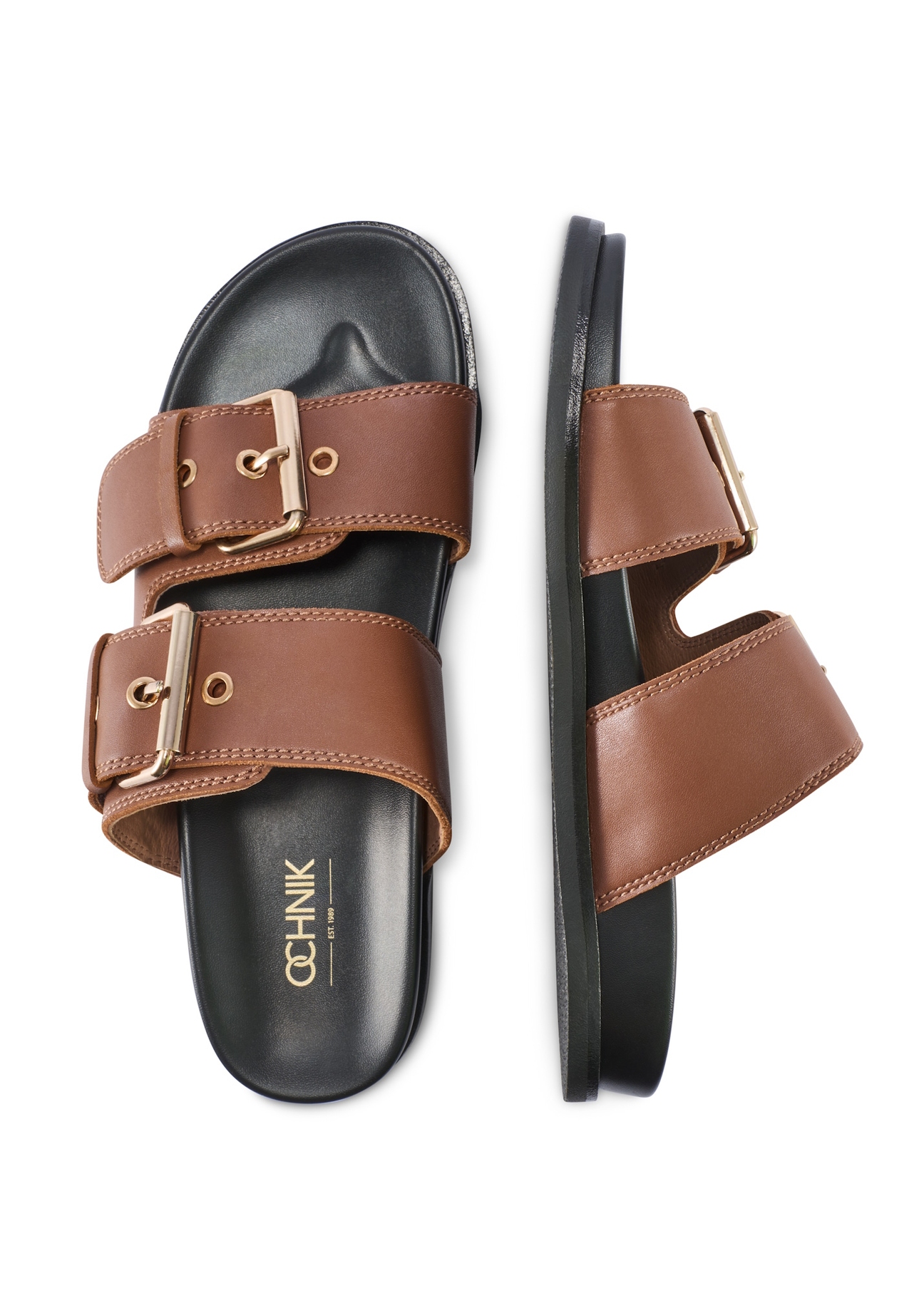 Camel leather women's flip-flops BUTYD-1161-1D(W26), product view from above on white background.