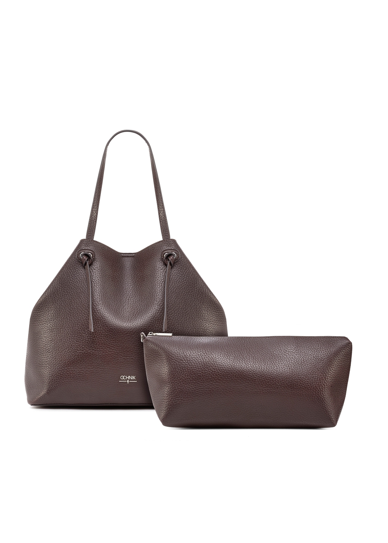 Large brown shopper bag TOREC-0995A-89(Z25), product view with detachable pouch from the front on white background.