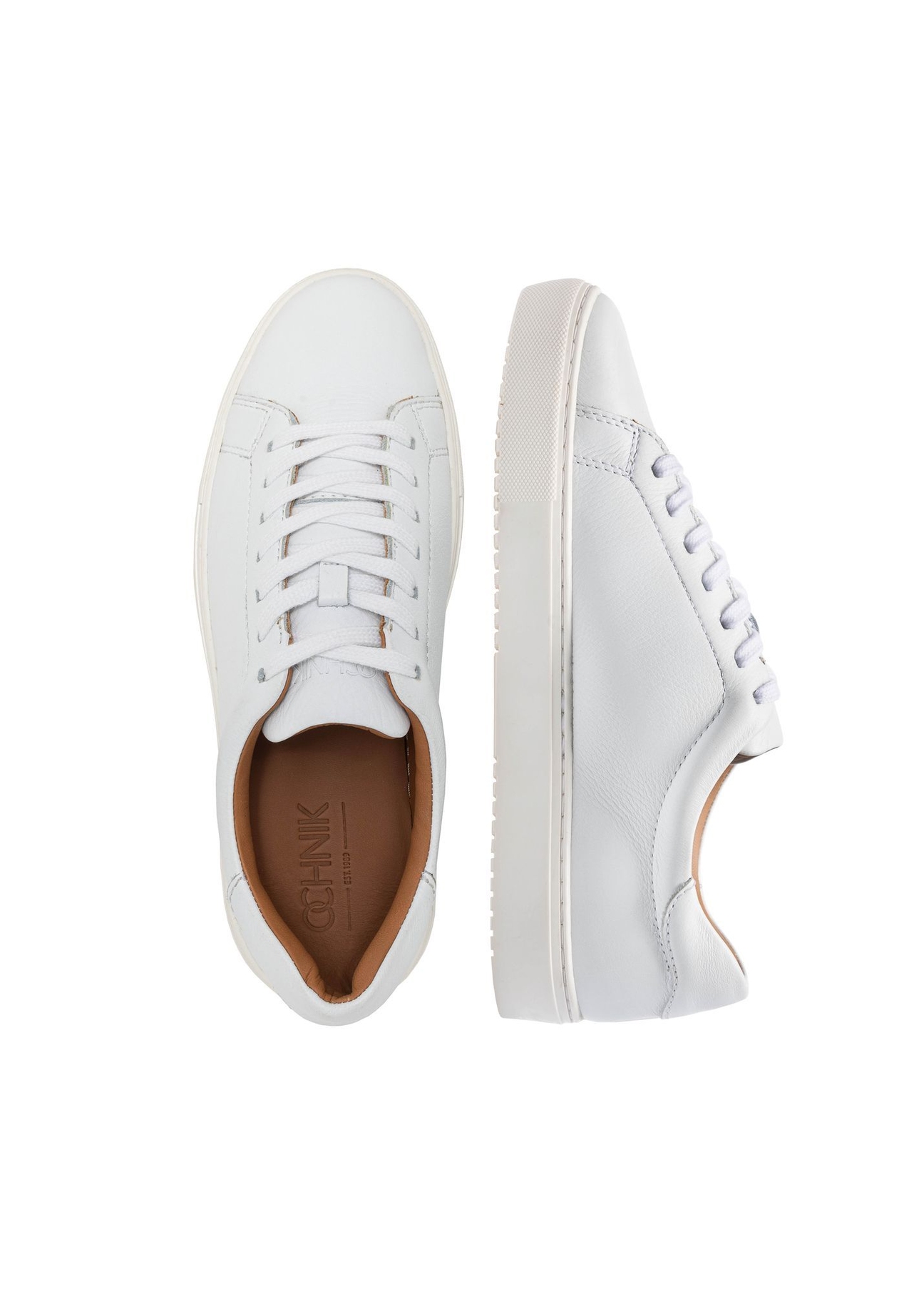 White leather sports shoes BUTYM-0503A-0B(W26), product view from above on white background.