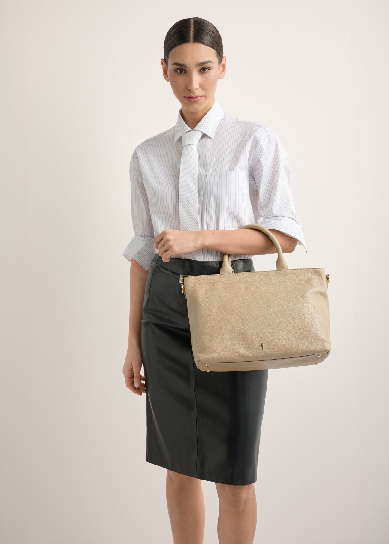 Beige large leather women's handbag TORES-1158-1B(Z26)