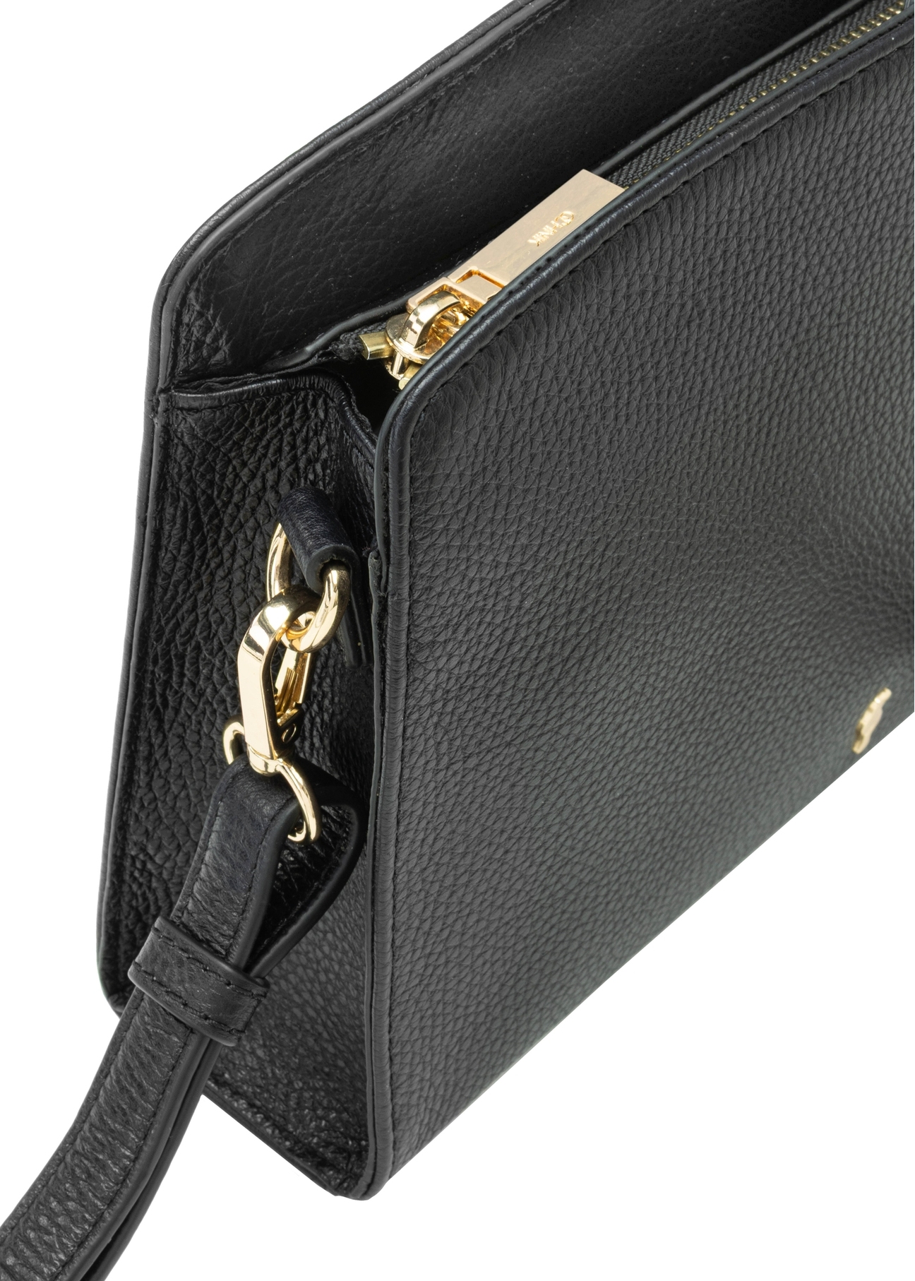 Black leather medium women's handbag TORES-1279-9I(W26), close-up of product detail, view on white background.