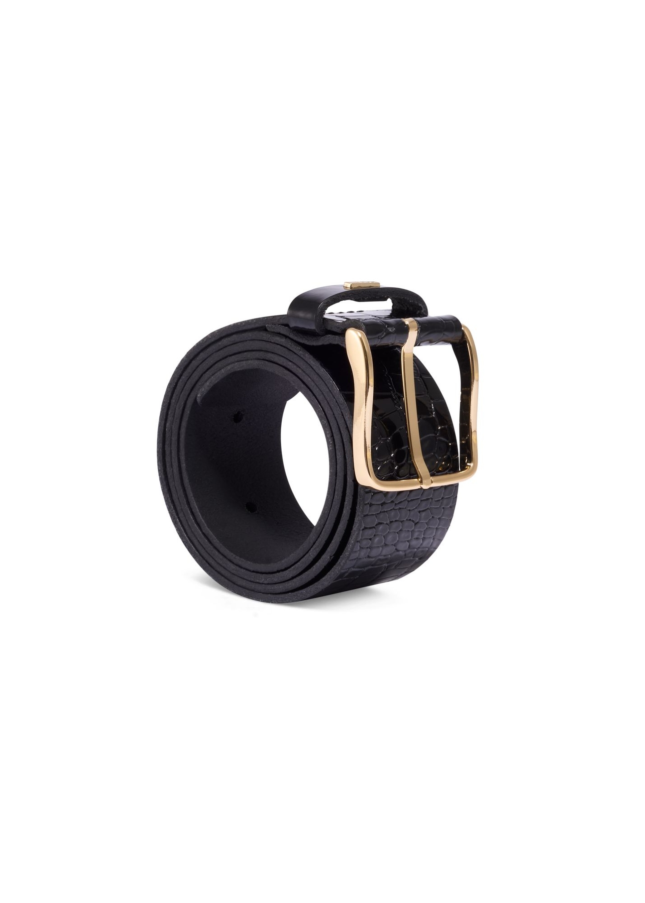 Black croco women's leather belt PASDS-0357-9G(Z26) - diagonal product view, on a white background.